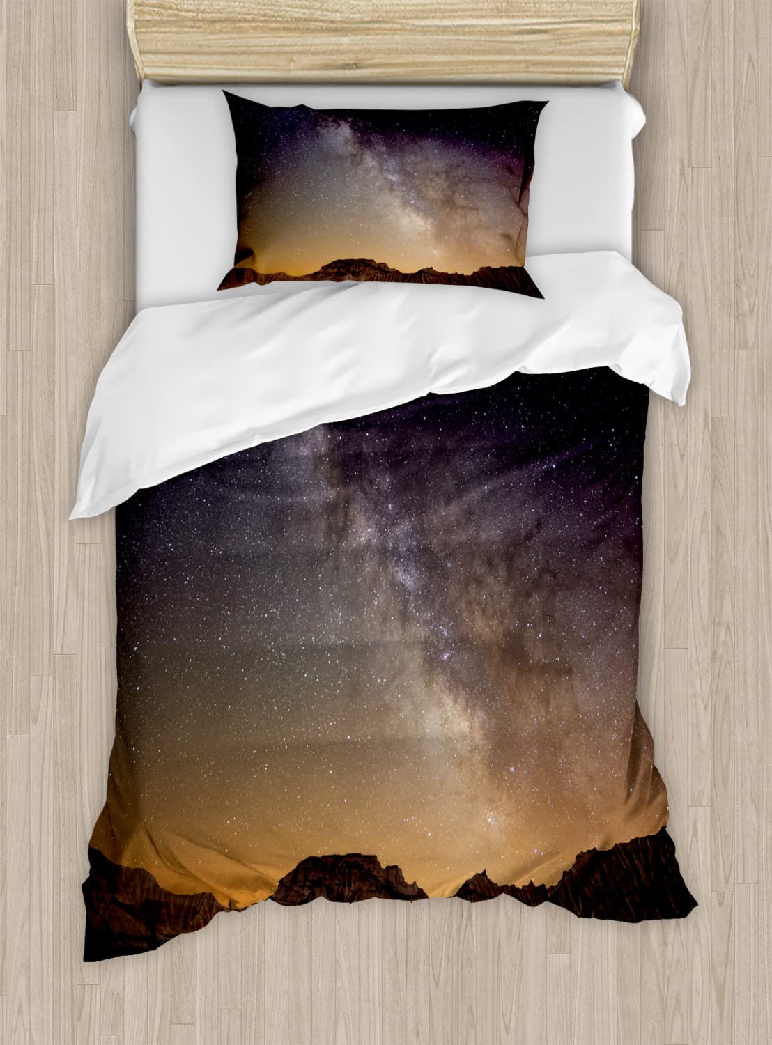Ambesonne King Size Duvet Cover Set - 2 Pack Milky Way Over Bardenas Spain Desert Design, Includes 2 Duvet Covers & 4 Pillowcases, Plum Apricot Chocolate - Perfect for Bedroom Decor, Guest Room, and Space-Themed Home Decor
