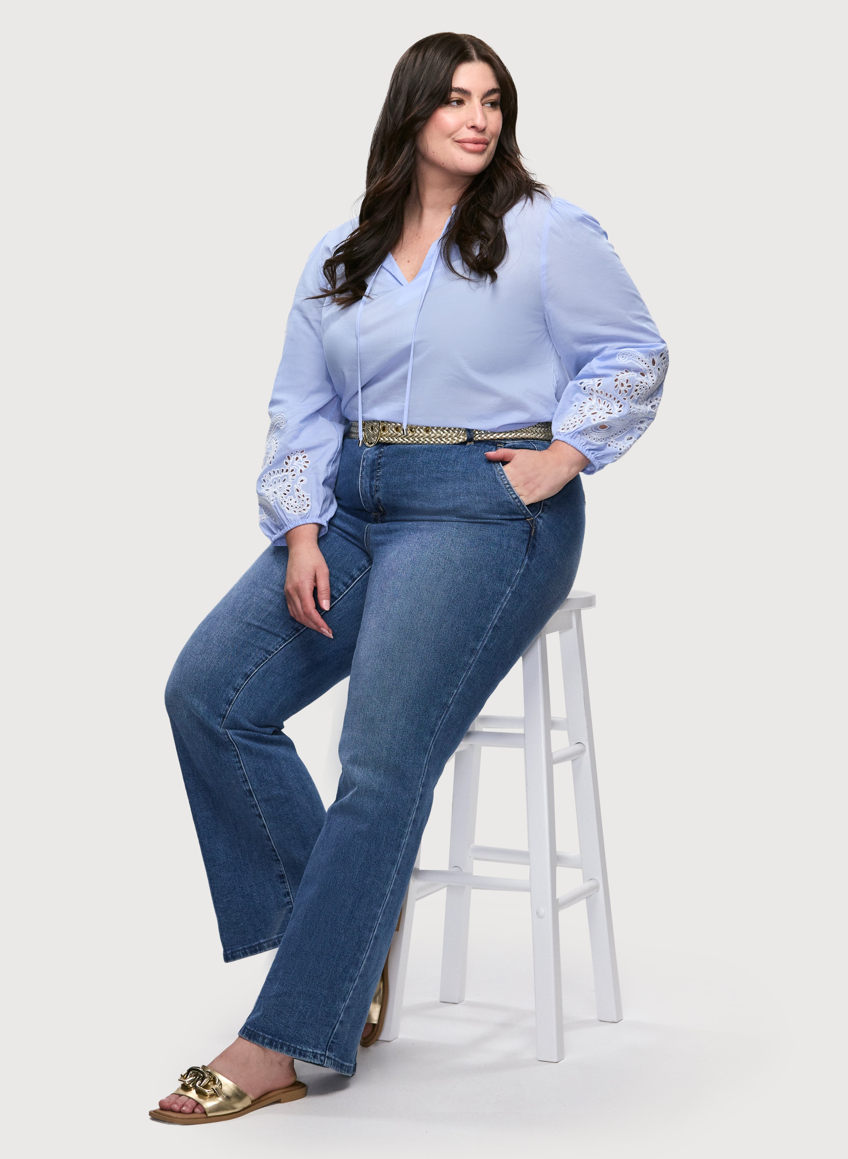 Embroidered Bouffant Sleeve Blouse & Flare Leg Denim Pants Set - Women's Fashion Outfit for Casual Wear, Office & Date Night