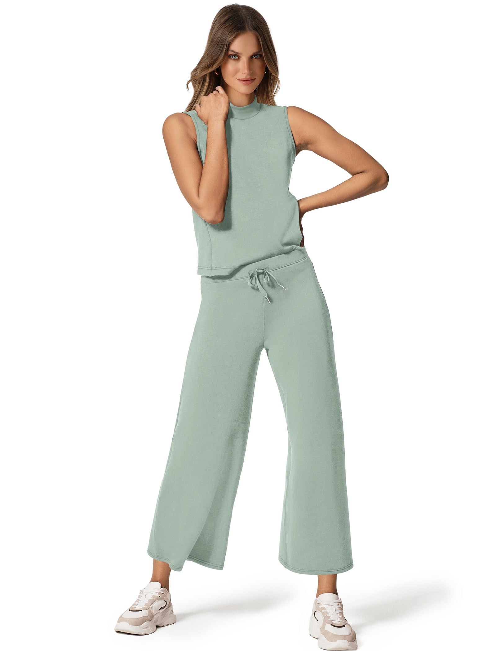 Women's Summer Two Piece Sets - Mock Neck Tops & Wide Leg Crop Pants Lounge Outfits | Casual Vacation Travel Clothes | Perfect for Beach Getaways, Weekend Brunch & Relaxing at Home