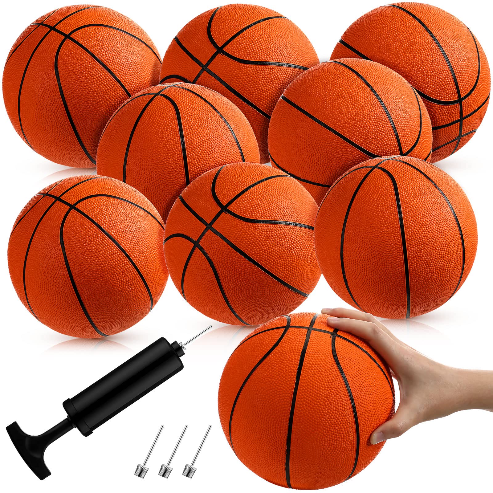 Vinsot 8-Pack Mini Rubber Basketball Set with 7-Inch Hoop & Air Pump - Perfect for Beginners, Arcade Games, Indoor/Outdoor Play, Pool Parties & Kids' Birthday Favors (Orange)