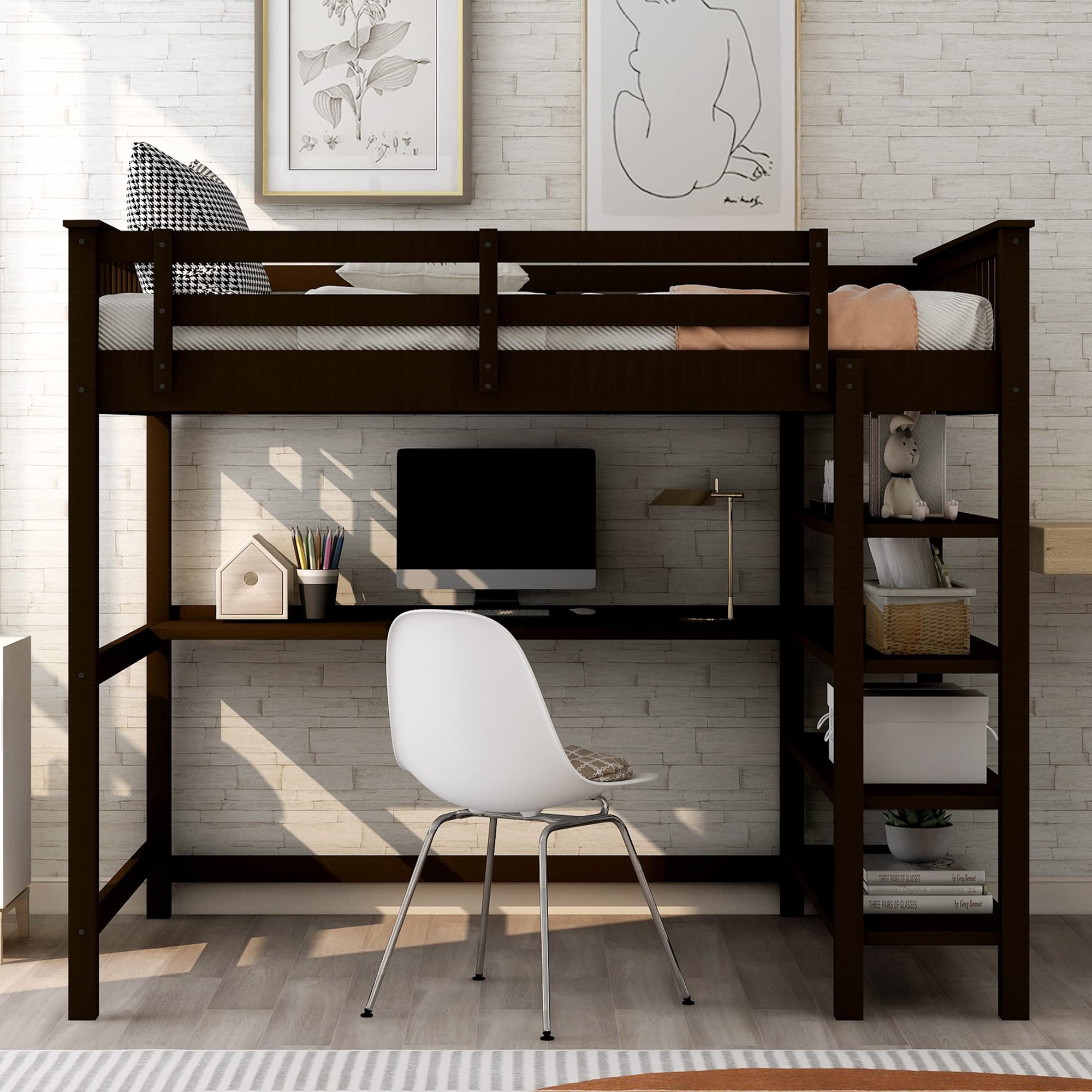 Harper & Bright Designs Full Size Loft Bed with Desk - Wooden Study Loft Bed with Built-in Storage Shelves for Teens & Adults - No Box Spring Needed - Espresso Finish - Perfect for Small Bedrooms, Dorm Rooms & Home Offices