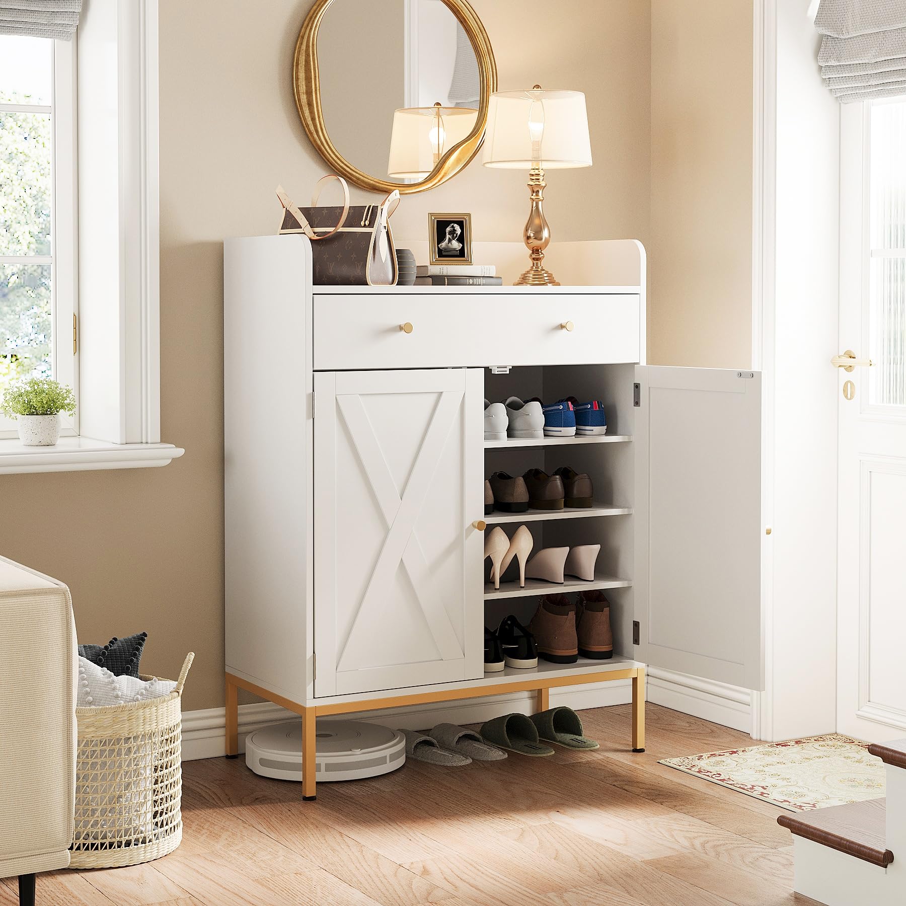 Maupvit 20-Pair Shoe Storage Cabinet with Doors & Drawers - Adjustable Shelves, Metal Legs, 43