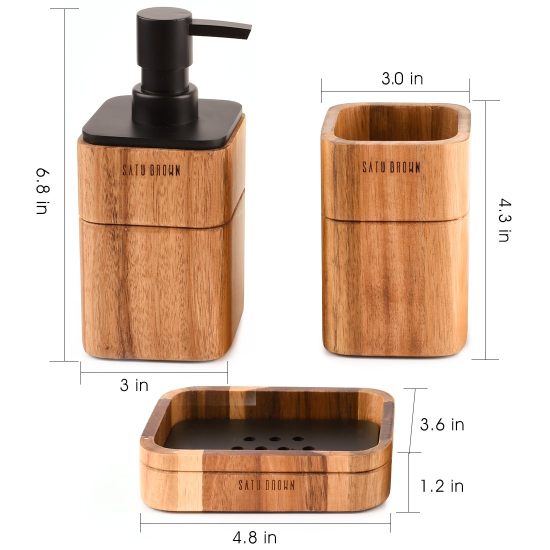 Premium Acacia Wood Bathroom Accessory Set - 3-Piece Soap Dispenser, Tumbler & Soap Dish | Modern Bathroom Decor, Housewarming Gift for Spa-Like Luxury at Home