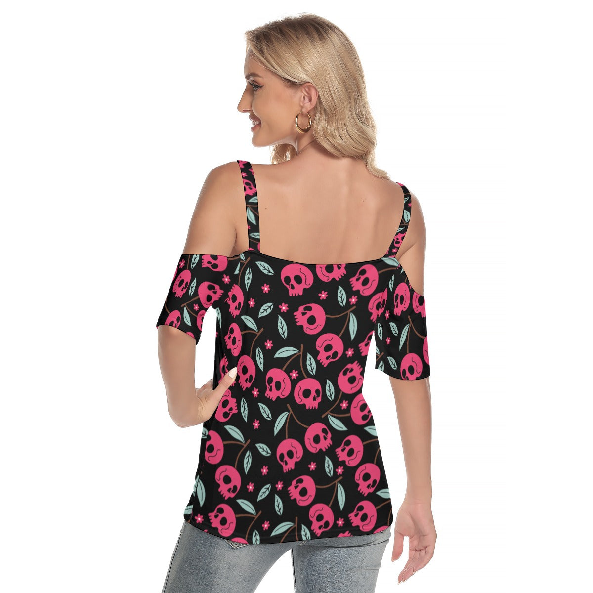 Cherry Skulls Cold Shoulder T-Shirt with Criss Cross Straps - Gothic Fashion Women's Top for Concerts, Parties & Casual Wear
