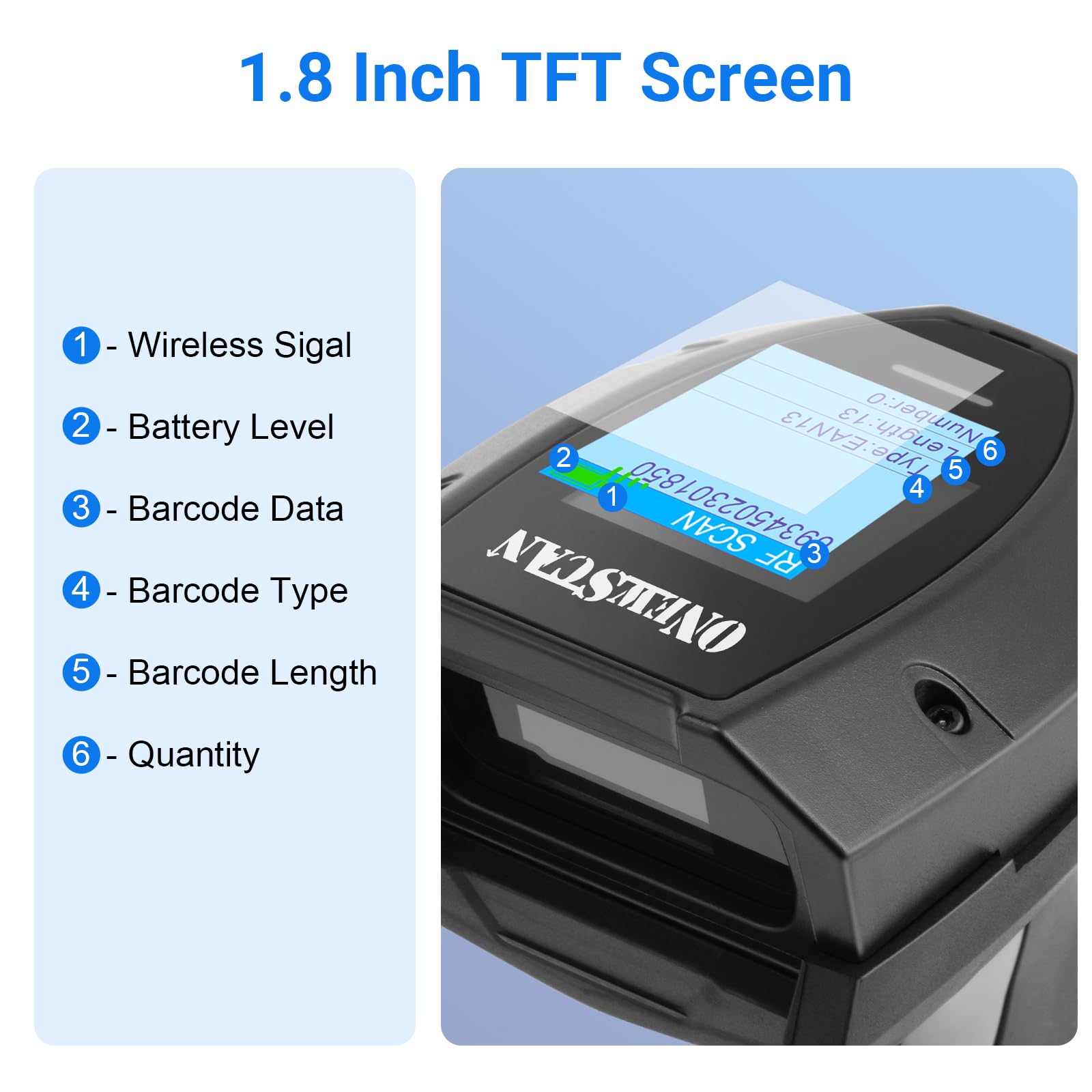 Onewscan Wireless Barcode Scanner - 1D Laser Barcode Reader with Stand, 2.4G Wireless & USB Wired Connection (Plug and Play) - Ideal for Retail Stores, Warehouses, and Inventory Management