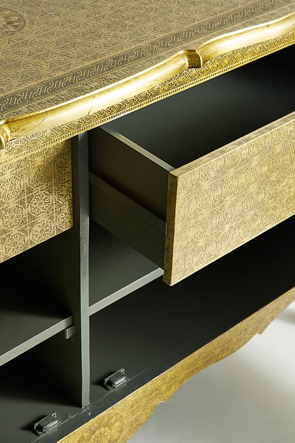 Golden Hand Embossed Lotus Buffet Table - Indian Brass Metal Sideboard with Intricate Design | Elegant Dining Room Furniture for Home Decor & Entertaining Guests
