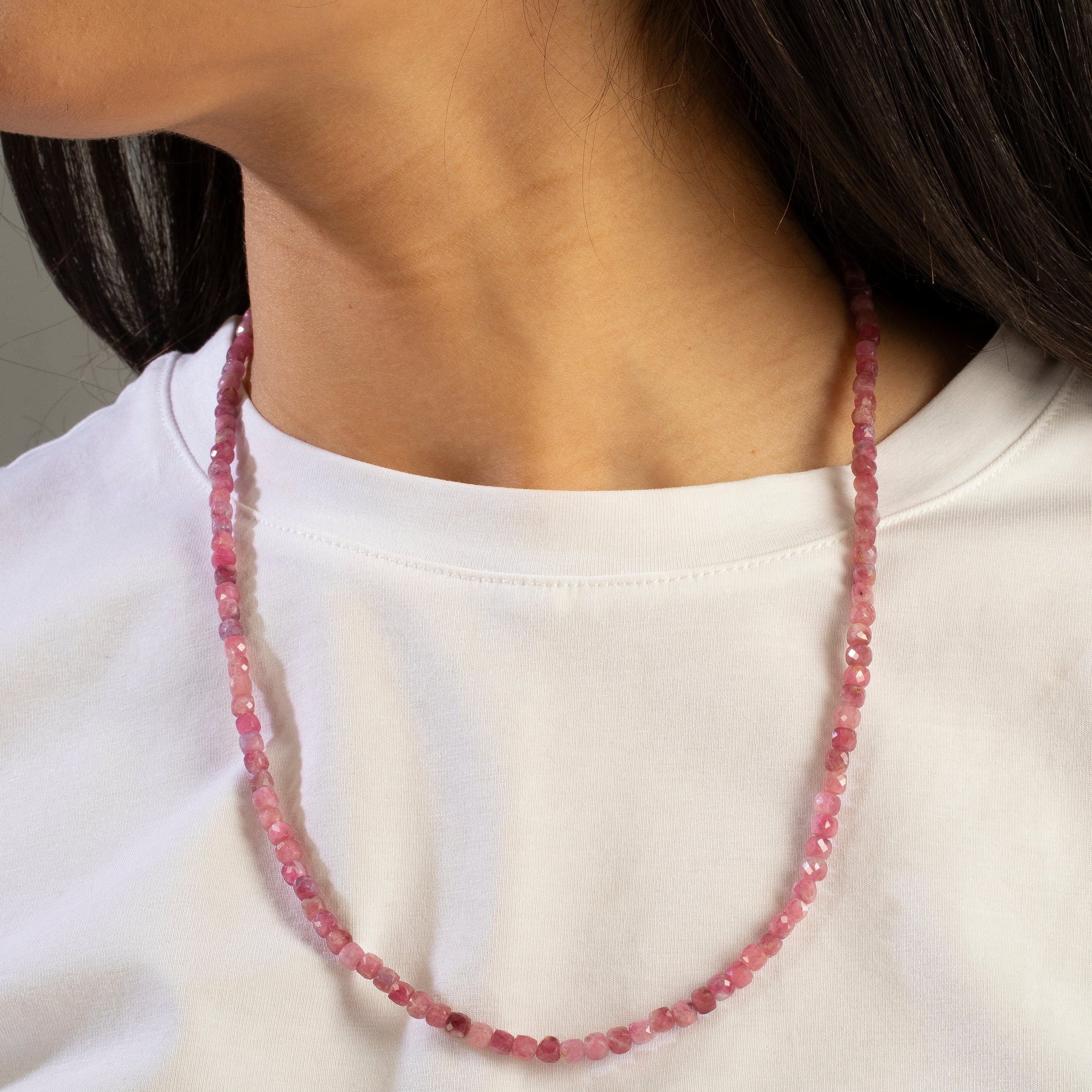 4mm Pink Tourmaline Faceted Cube Beaded Necklace & Multi-Wrap Bracelet Set - Elegant Jewelry for Women, Gift for Her, Birthday, Anniversary, Wedding, Party, Everyday Wear