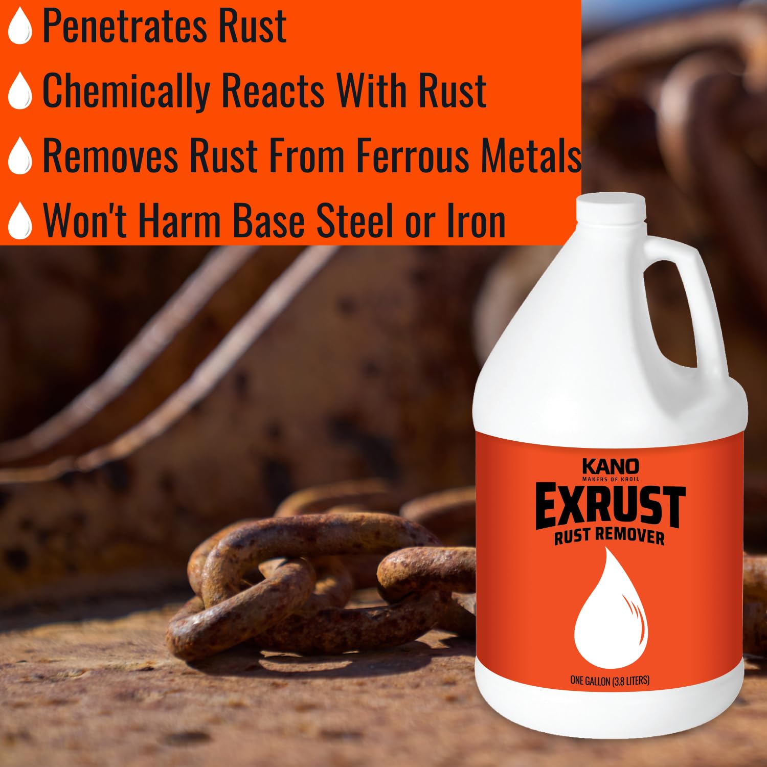 Kano Exrust Industrial Strength Rust Remover - 16oz Liquid (Pack of 4) | Fast Penetrating Rust Removal for Steel, Stainless Steel, Wrought Iron, Cast Iron & Sheet Metal | Perfect for Automotive, Car Parts & Metal Restoration Projects (AZEX161C4)