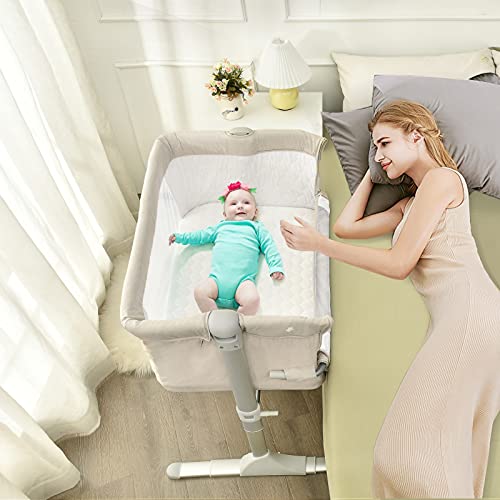 HONEY JOY Baby Bedside Crib - Adjustable Newborn Bassinet with Breathable Mesh & Washable Mattress | Portable Infant Sleeper for Home & Travel | Safe Co-Sleeping Solution for Parents (Beige)