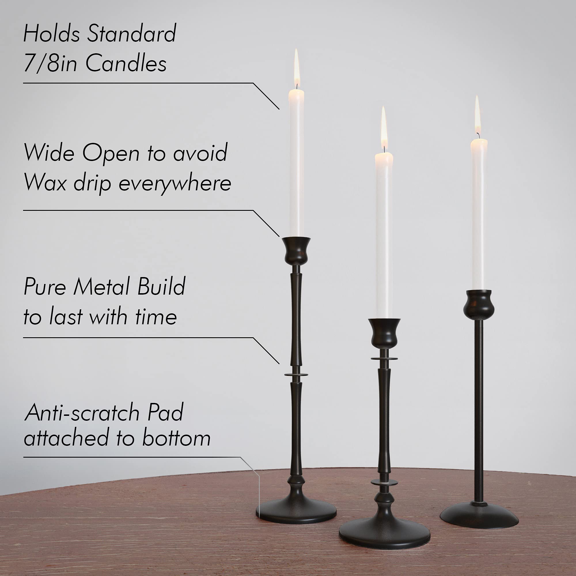 Matte Black Metal Taper Candle Holders Set of 3 for Home Decor