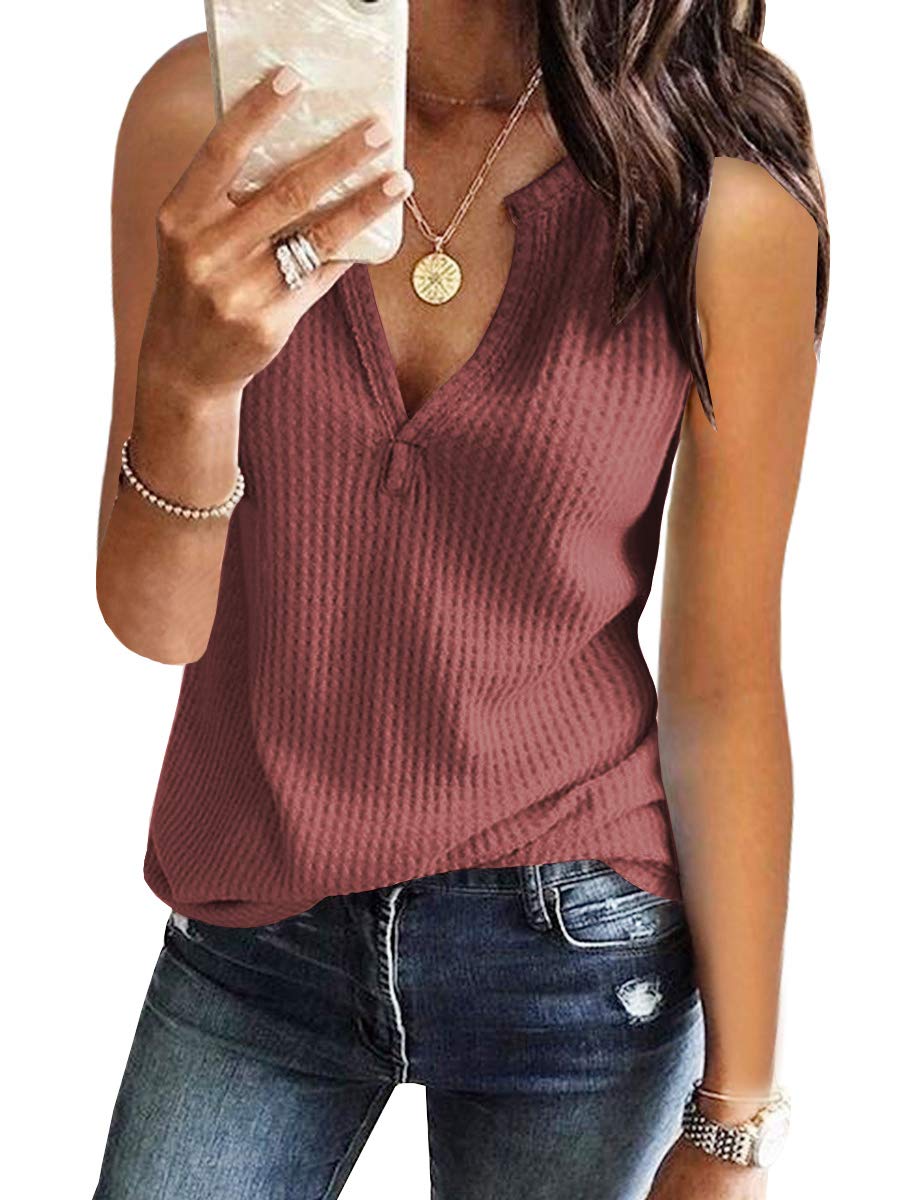 Women's V-Neck Waffle Knit Tank Tops - Summer Casual Sleeveless Loose Fit Tee Shirts for Beach, Gym & Everyday Wear