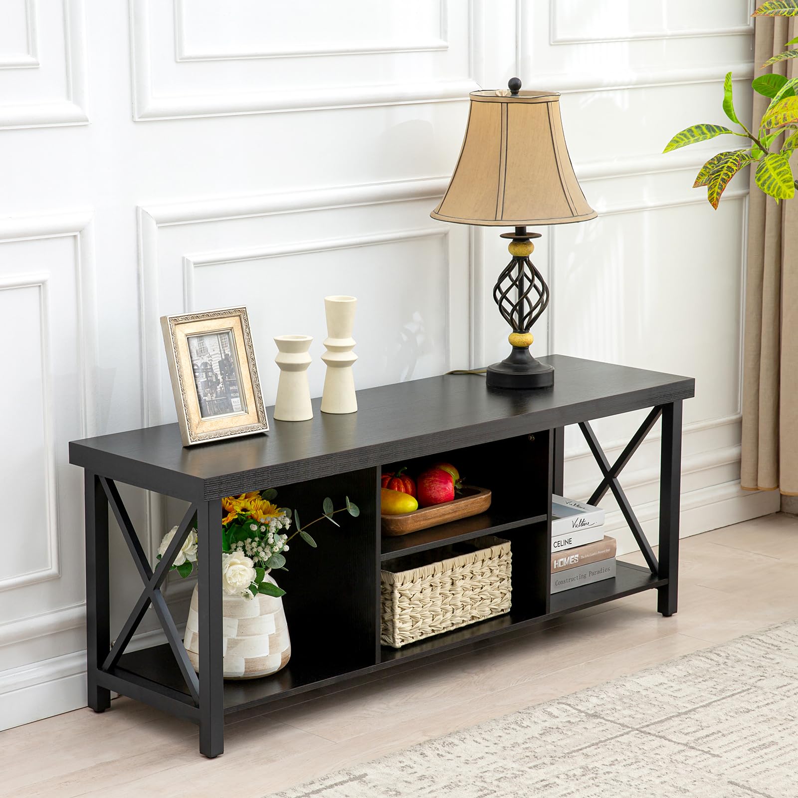 GAZHOME 55 Inch TV Stand with Open Storage Shelves - Modern TV Cabinet for Living Room & Entertainment Center - Black | Perfect for Home Theater Setup & Media Organization