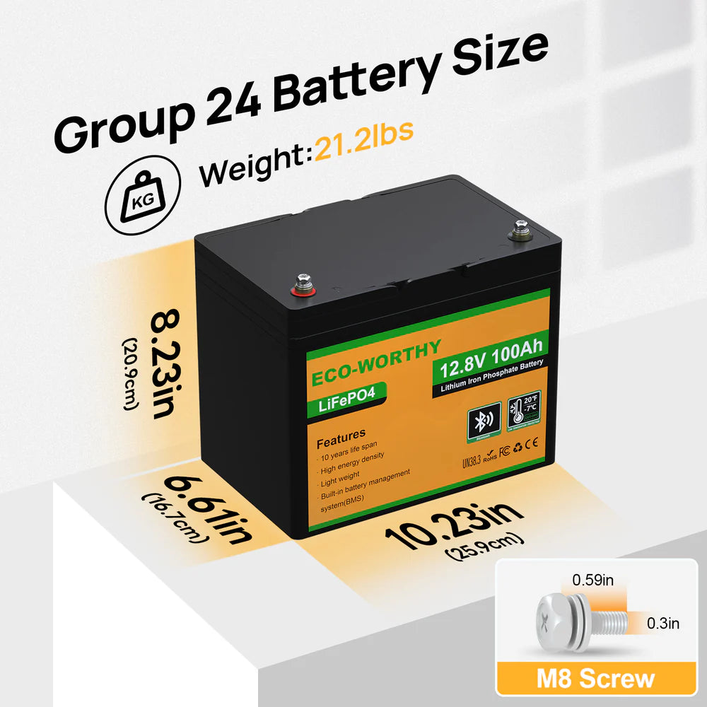 ECO WORTHY 12V 100Ah LiFePO4 Deep Cycle Battery with Bluetooth & Low Temp Protection - Perfect for Solar Power, RV, Marine & Off-Grid Applications
