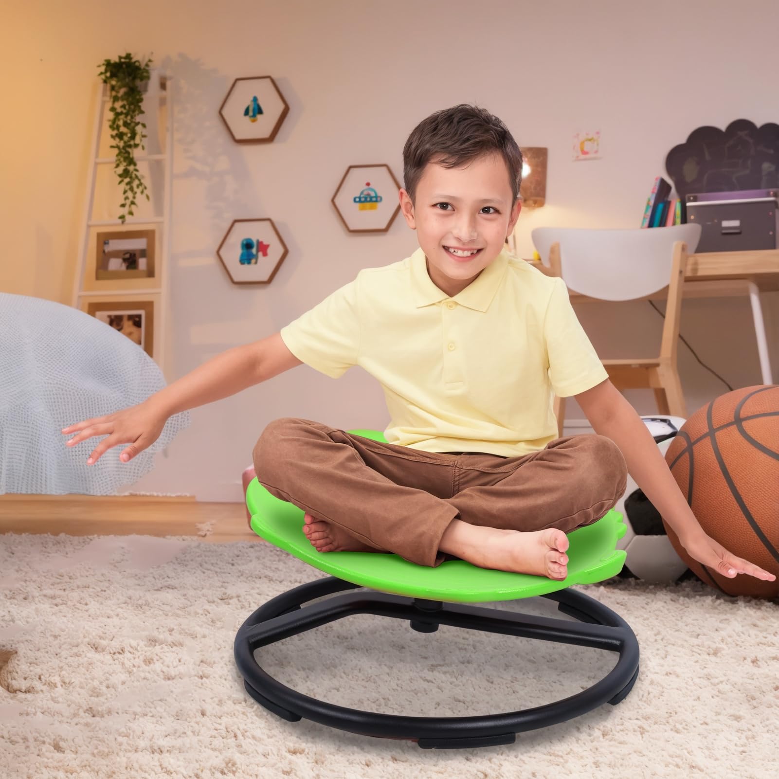 Dinosaur Swivel Chair for Kids - Spinning Sensory Toy for Autistic Children & Toddlers - Wobble Disk Chair Improves Body Coordination & Balance - Green Cartoon Design - Perfect for Classroom, Playroom & Sensory Therapy