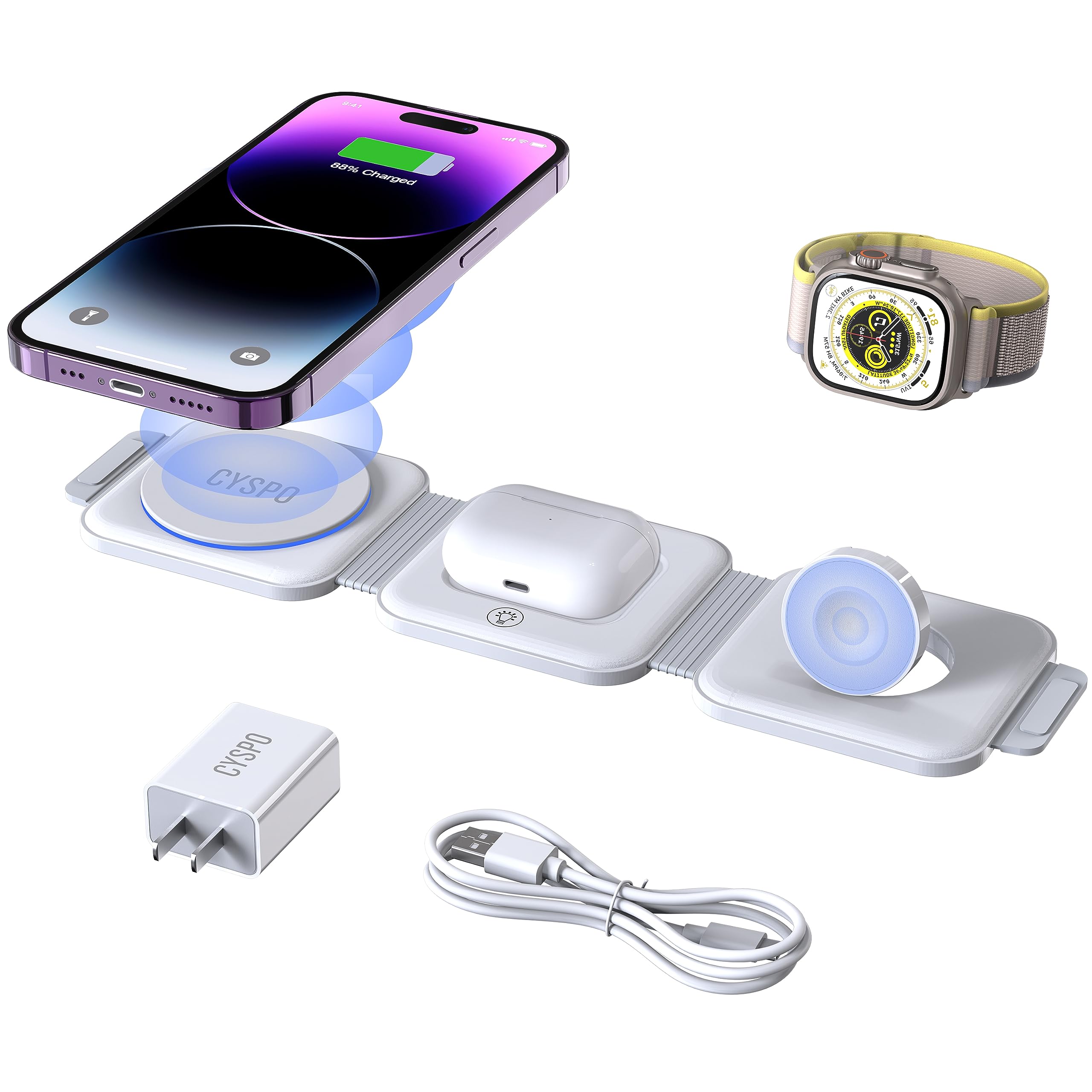 3-in-1 Magnetic Wireless Charging Station for iPhone 16/15/14/13, Apple Watch & AirPods Pro/4/3 - Fast Portable Foldable Travel Charger with Adapter | Perfect for Home, Office & Travel Use