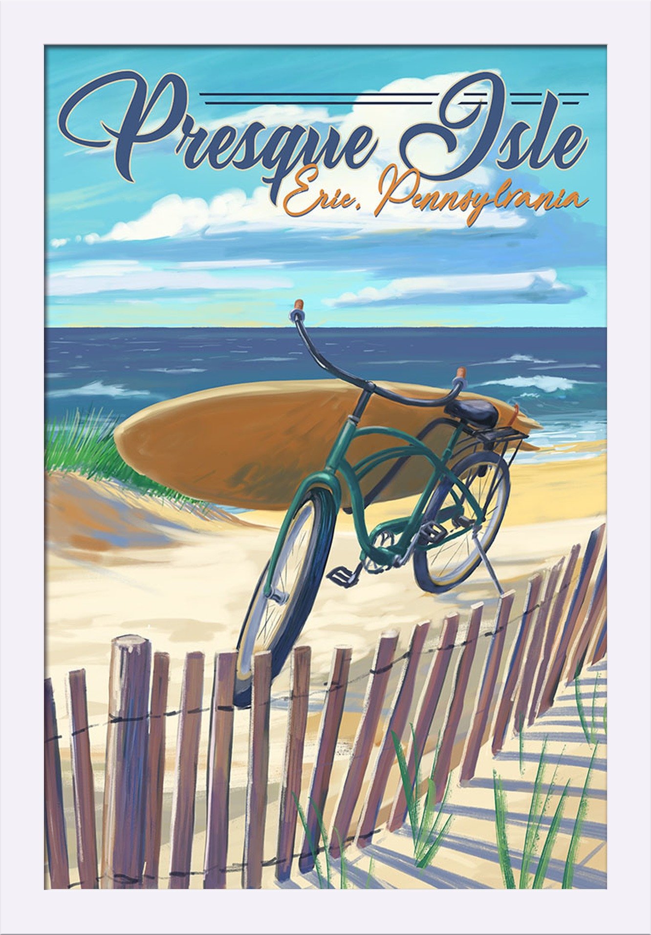 16x24 Giclee Fine Art Print of Presque Isle Pennsylvania Beach Cruiser - Recycled Wood Frame in White - Perfect for Coastal Decor & Beach House Wall Art