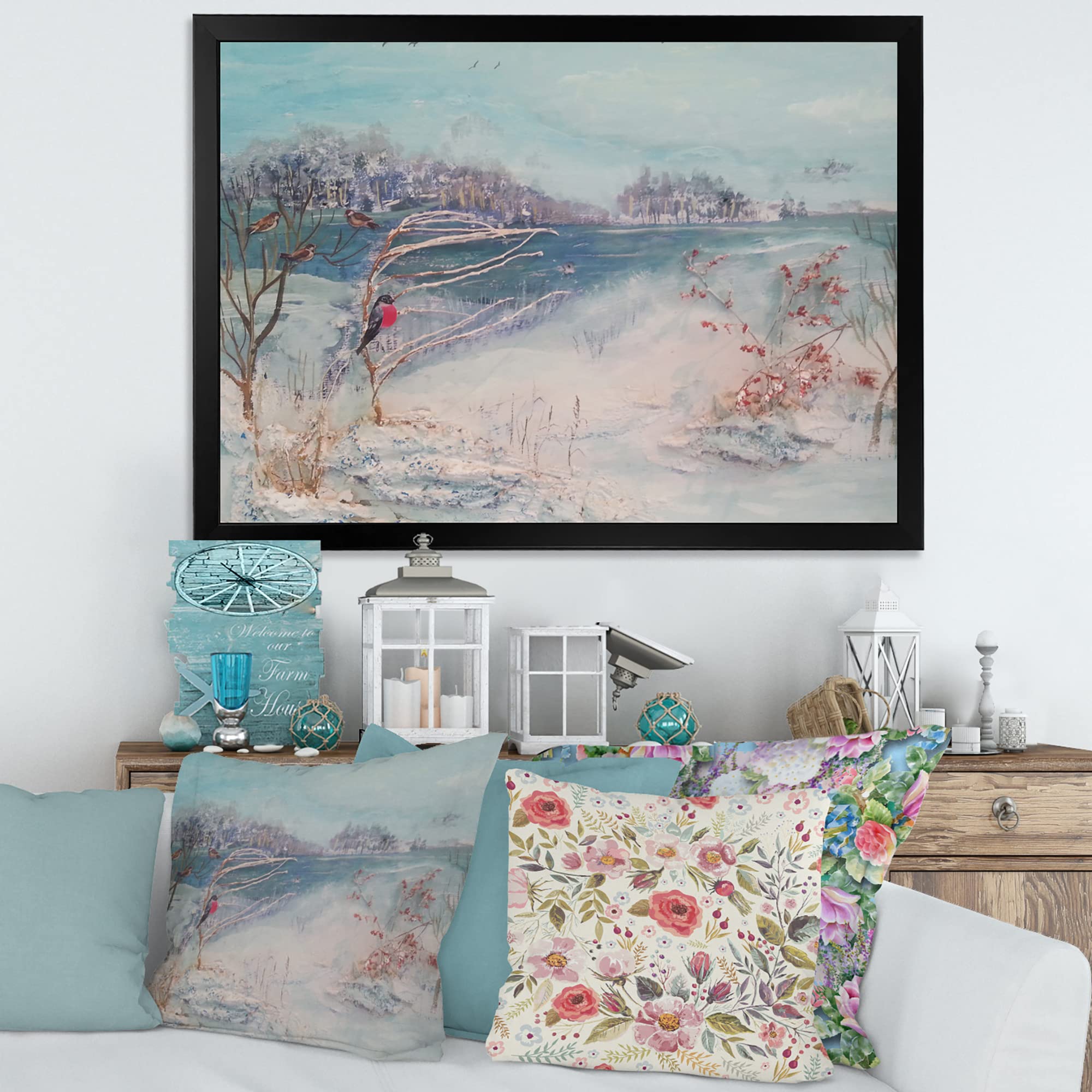 Winter Trees River and Birds Lake House Framed Wall Art - Nature Landscape Painting for Living Room, Bedroom & Office Decor - Perfect Gift for Home & Holiday Season
