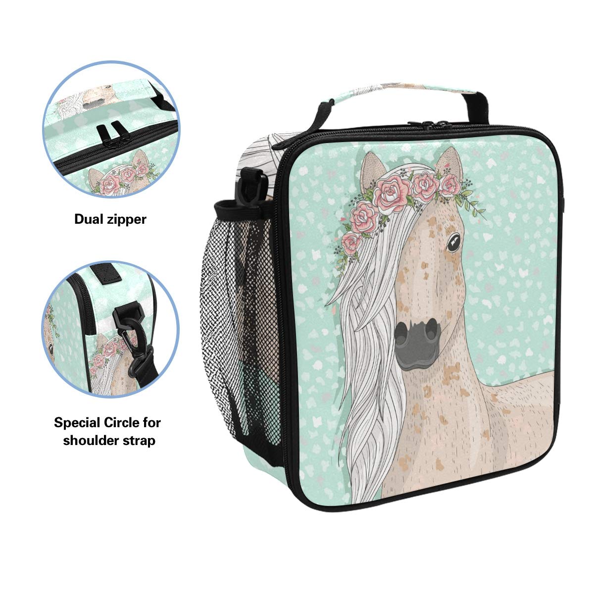 Senya Insulated Lunch Box - Large Thermal Lunch Bag for Women, Men & Kids - Horse & Flower Design - Keeps Food Warm or Cold - Perfect for Work, School & Picnics