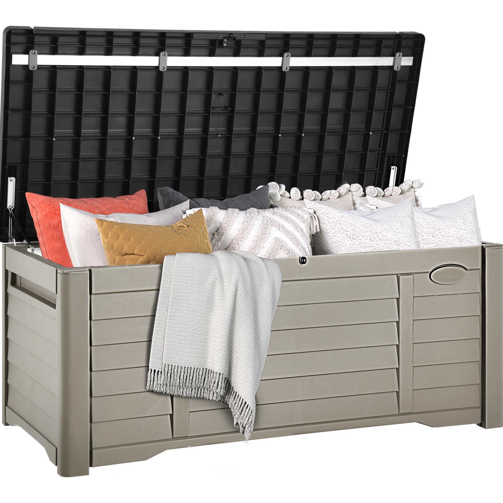 DWVO 120 Gallon Outdoor Storage Box with Lockable Lid - Large Resin Deck Box for Patio Furniture, Pool Toys, Garden Tools & Cushions - Weatherproof Storage Bin for Indoor & Outdoor Use - Black & Brown - Perfect for Backyard, Deck, Garage & Poolside Organization