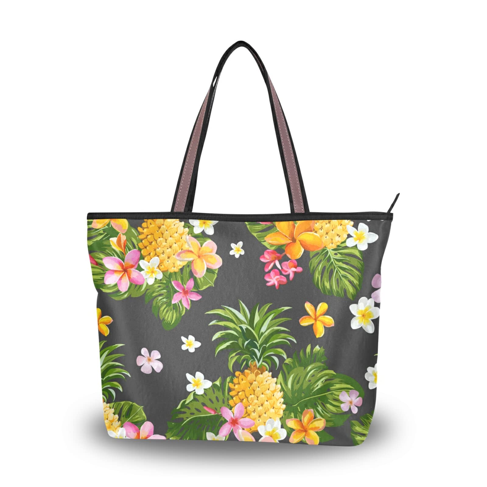 Stylish Pineapple & Tropical Flowers Tote Bag for Women - Reusable Shoulder Handbag, Perfect for Beach, Travel & Shopping | Durable & Fashionable Beach Tote