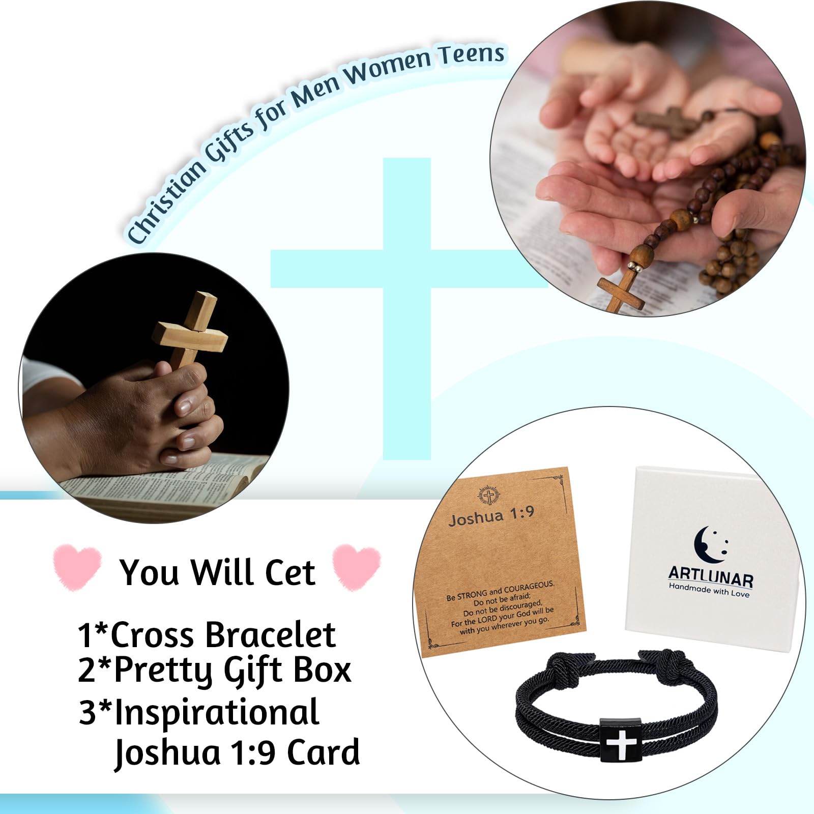 Inspirational Joshua 1:9 Cross Bracelet - Christian Gifts for Baptism & Confirmation - Easter Basket Stuffers for All Ages