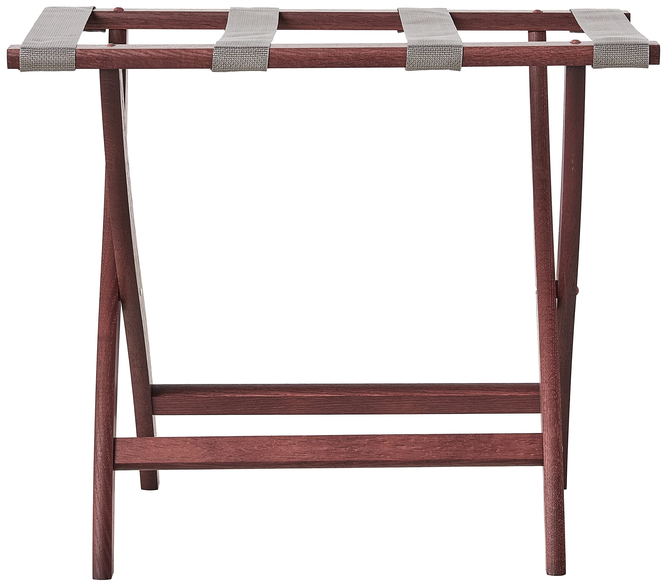 Premium Wooden Mallet Designer Curve Leg Luggage Rack with Grey Straps - Solid Mahogany Wood Suitcase Stand for Bedroom, Entryway & Hotel Use