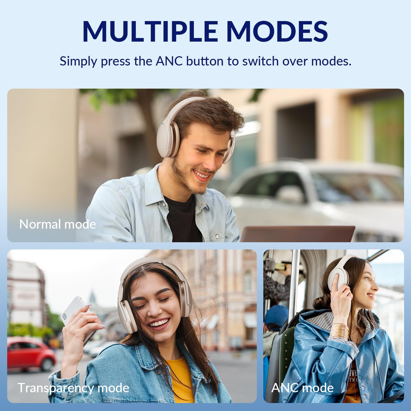 TONEMAC H3 Wireless Over-Ear Headphones with Adaptive Noise Cancelling, 80H Playtime, Foldable Design - Perfect for Gym, Travel, Home Office & Commuting