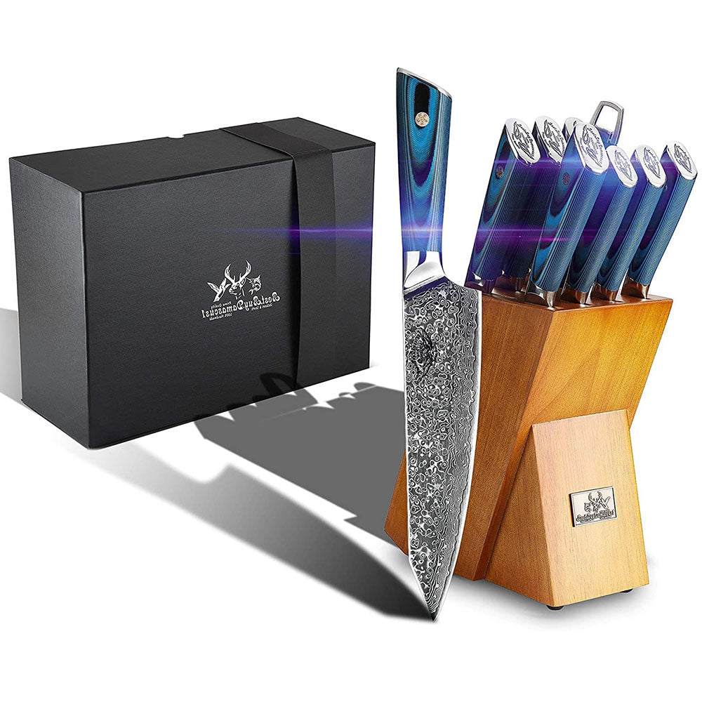 Premium 9-Piece Japanese AUS 10 Damascus Steel Knife Set with Blue G10 Handle - Professional Chef Knives for Kitchen, Sushi, Meat Cutting & Food Preparation