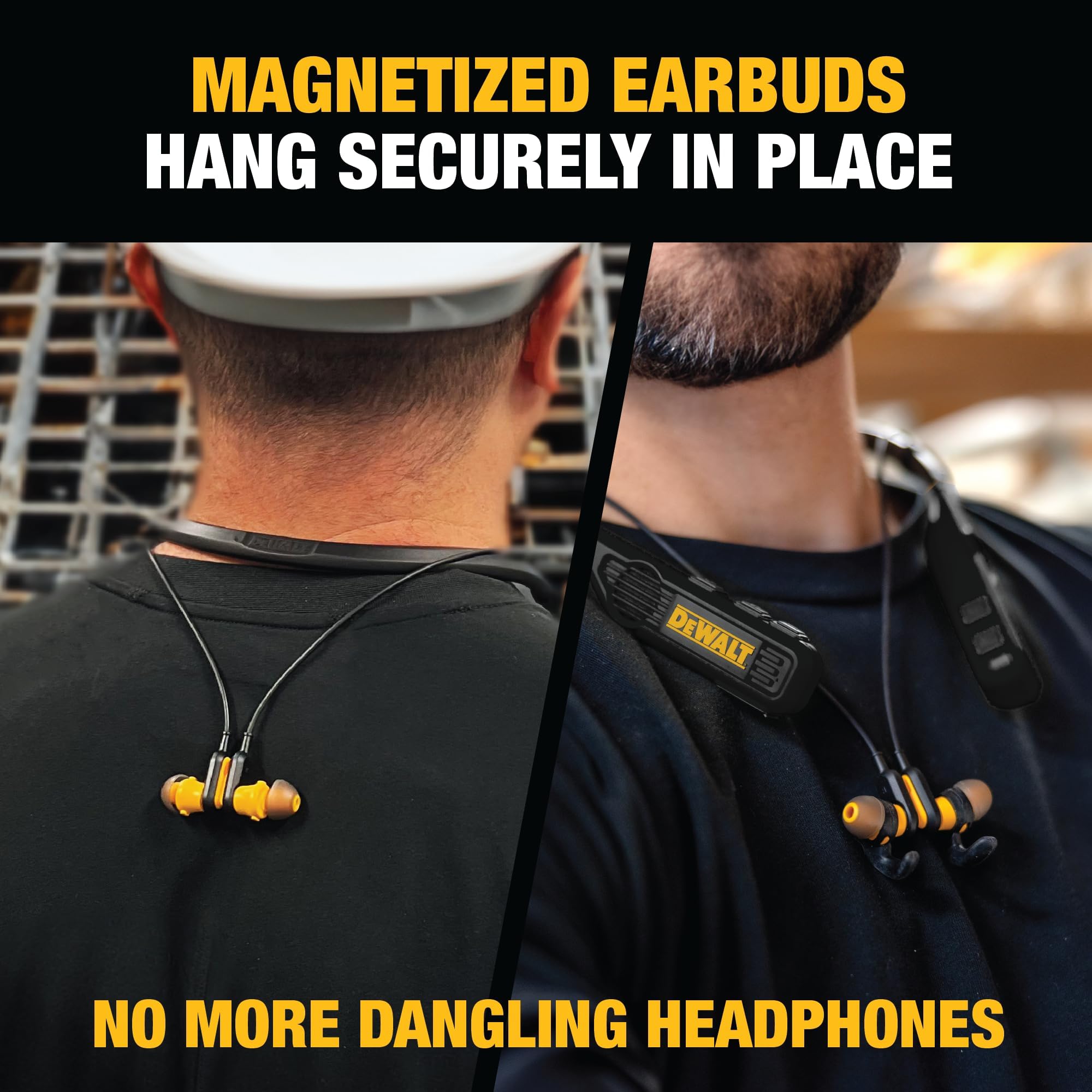 DEWALT 2-in-1 Neckband Bluetooth Headphones with Built-in Speakers - Wireless Jobsite Wearable Speaker & Over-the-Neck Headset - 60+ Hours Battery Life for Hands-Free Music & Calls (Black) - Perfect for Construction, Workouts, and Outdoor Activities