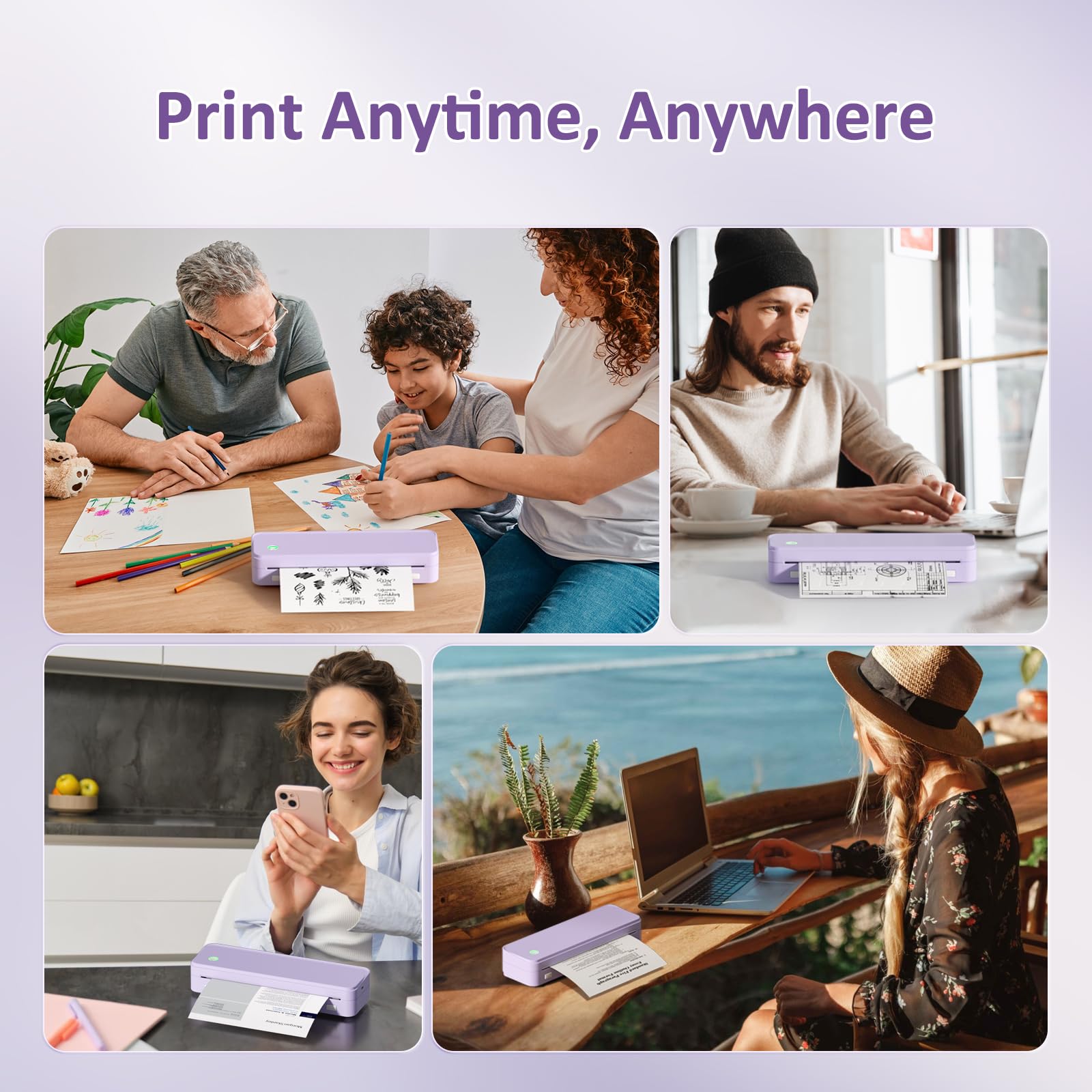 Wireless Thermal Printer for Travel - Portable Inkless Printer Supports 8.5x11 US Letter Size, Bluetooth Thermal Printing with Carry Case & 3 Rolls Paper Kit (Purple) - Perfect for Business Trips, Home Office & On-the-Go Printing