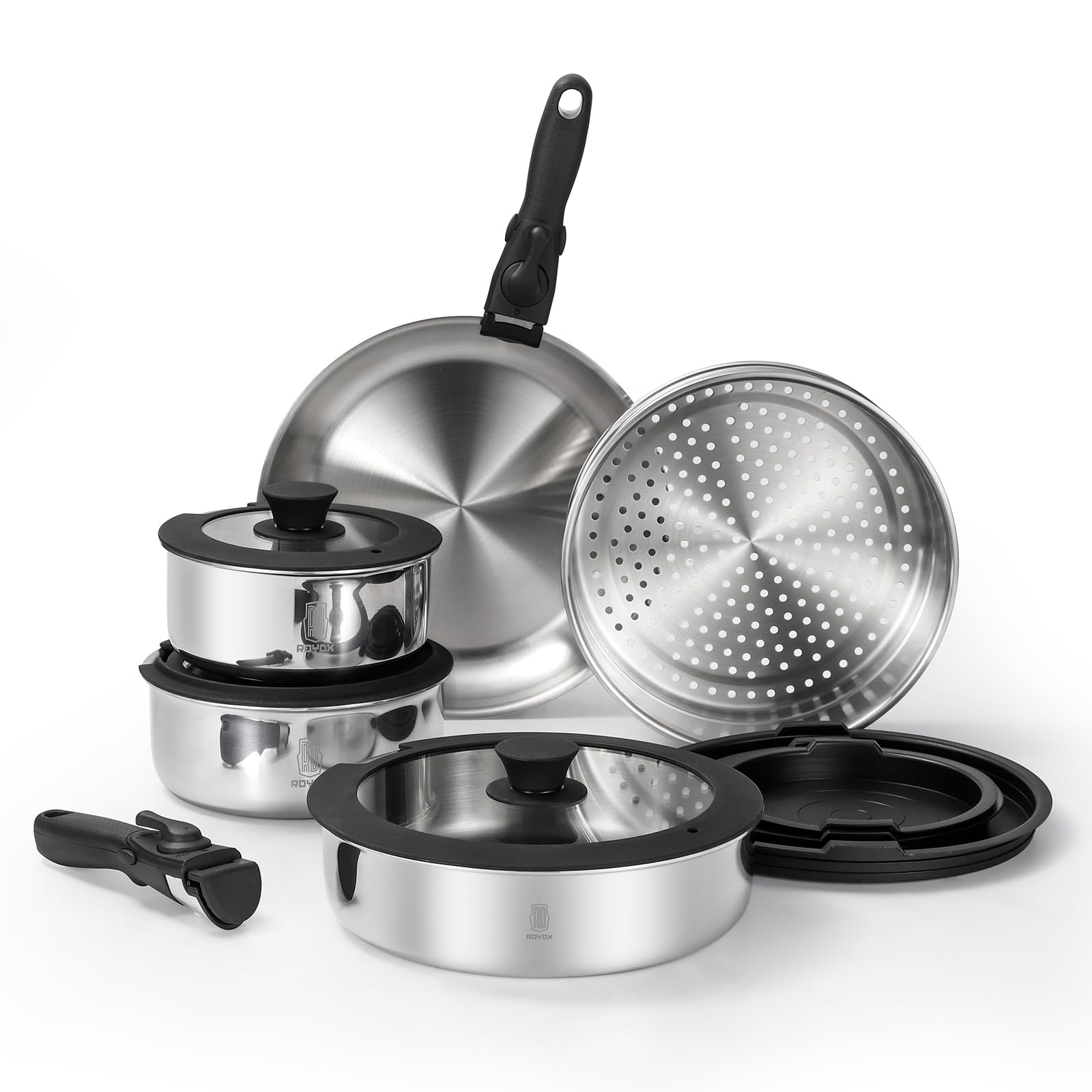 ROYDX 3-Ply Stainless Steel Cookware Set - 18/10 Detachable Handle Pots & Pans, PFOA Free Nonstick Frying Pan & Saucepan with Lids - Compatible with All Stoves, Dishwasher & Oven Safe - Perfect for Home Cooking, Camping & Outdoor Adventures