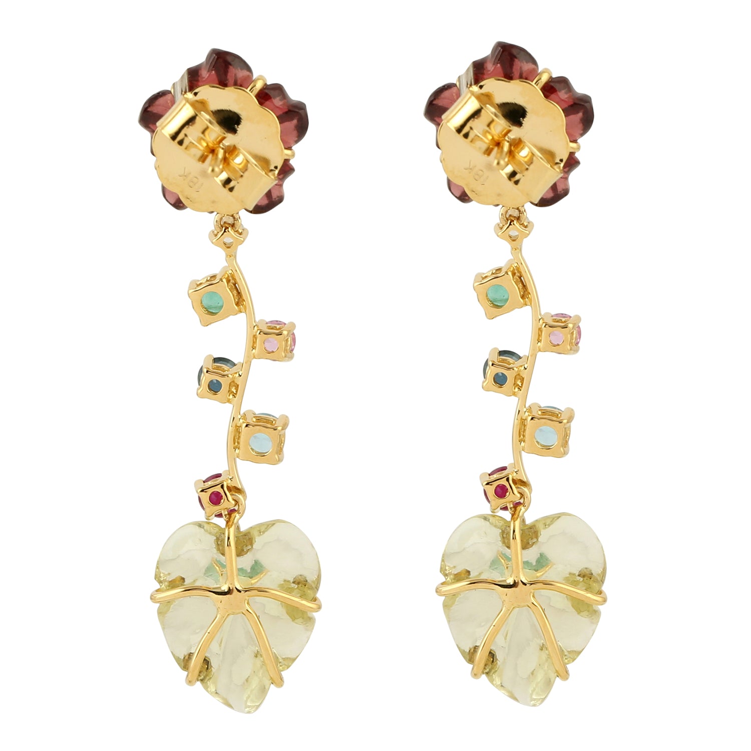Hand Carved 18K Yellow Gold Floral Dangler Earrings with Multiple Gemstones for Women - Perfect for Weddings, Parties & Special Occasions