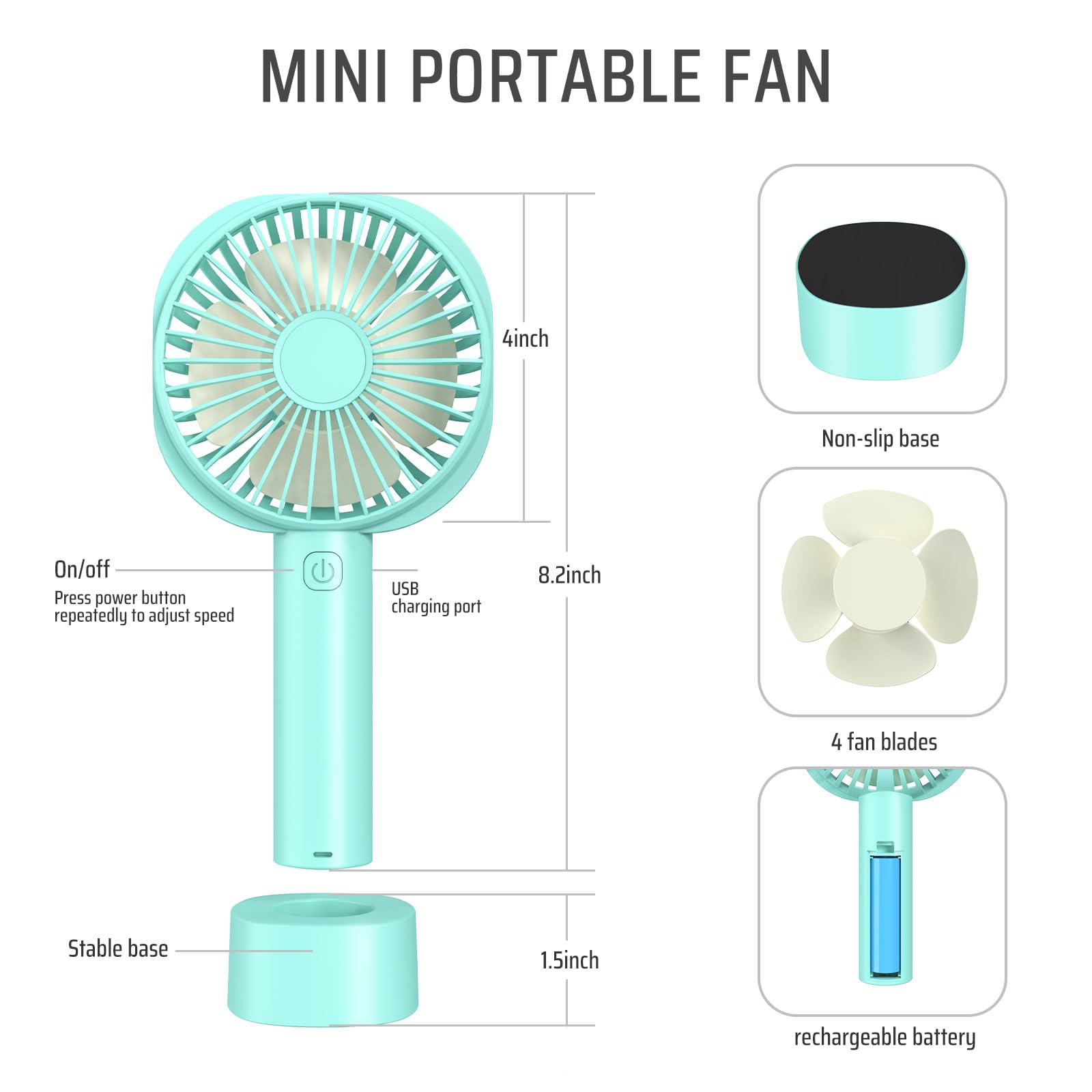 Jumkeet Mini Handheld Portable Fan - USB Rechargeable 2600mAh Battery, 3 Speed Personal Desk Fan with Base - Compact Cooling Fan for Home, Office, Travel, Outdoor, School & Sports (Blue)