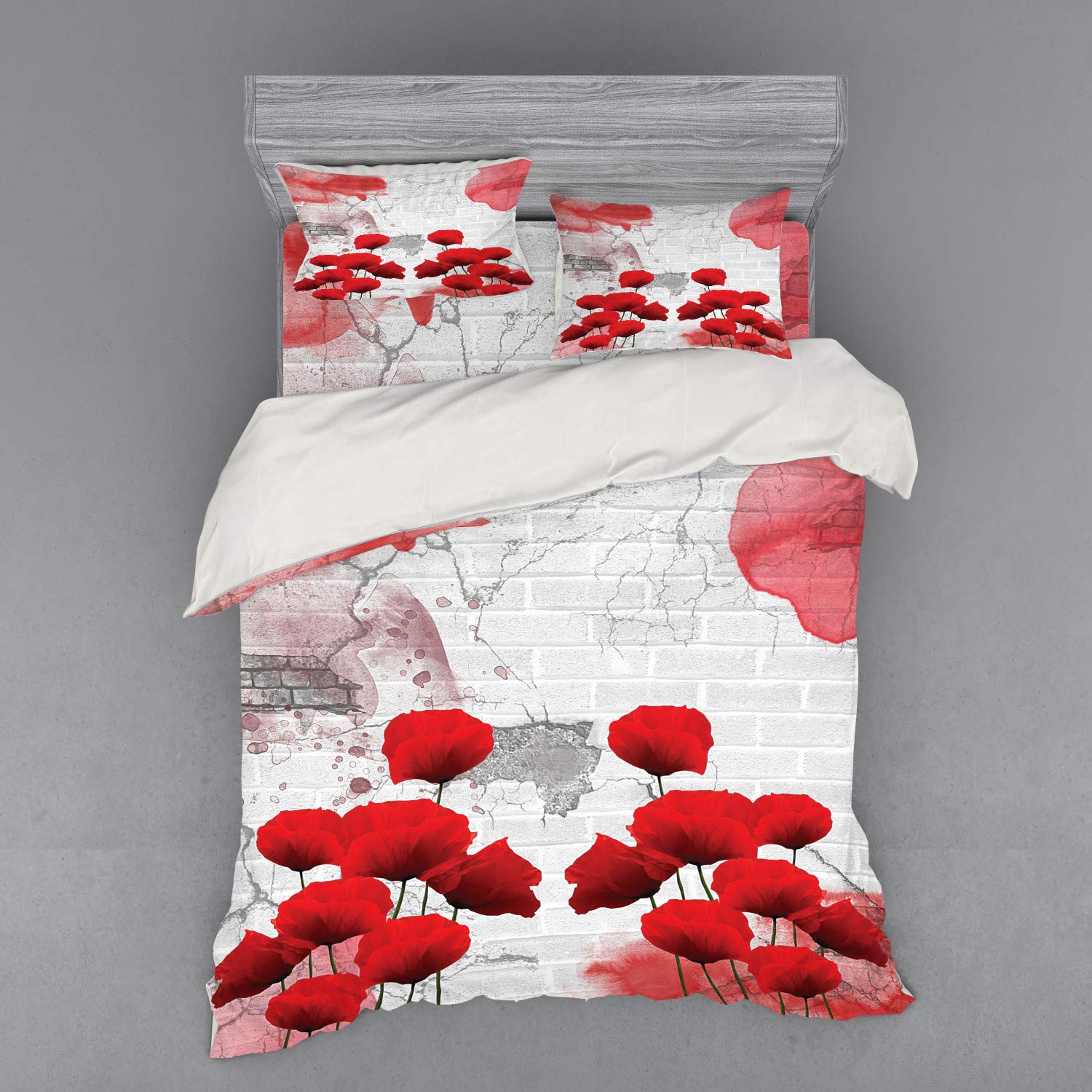 Ambesonne Poppy Flower Bedding Set - 4 Piece Queen Size Duvet Cover with Shams & Fitted Sheet, Vibrant Floral Design on Weathered Brick Wall, Red Grey Coconut - Perfect for Farmhouse, Cottage & Bohemian Bedroom Decor