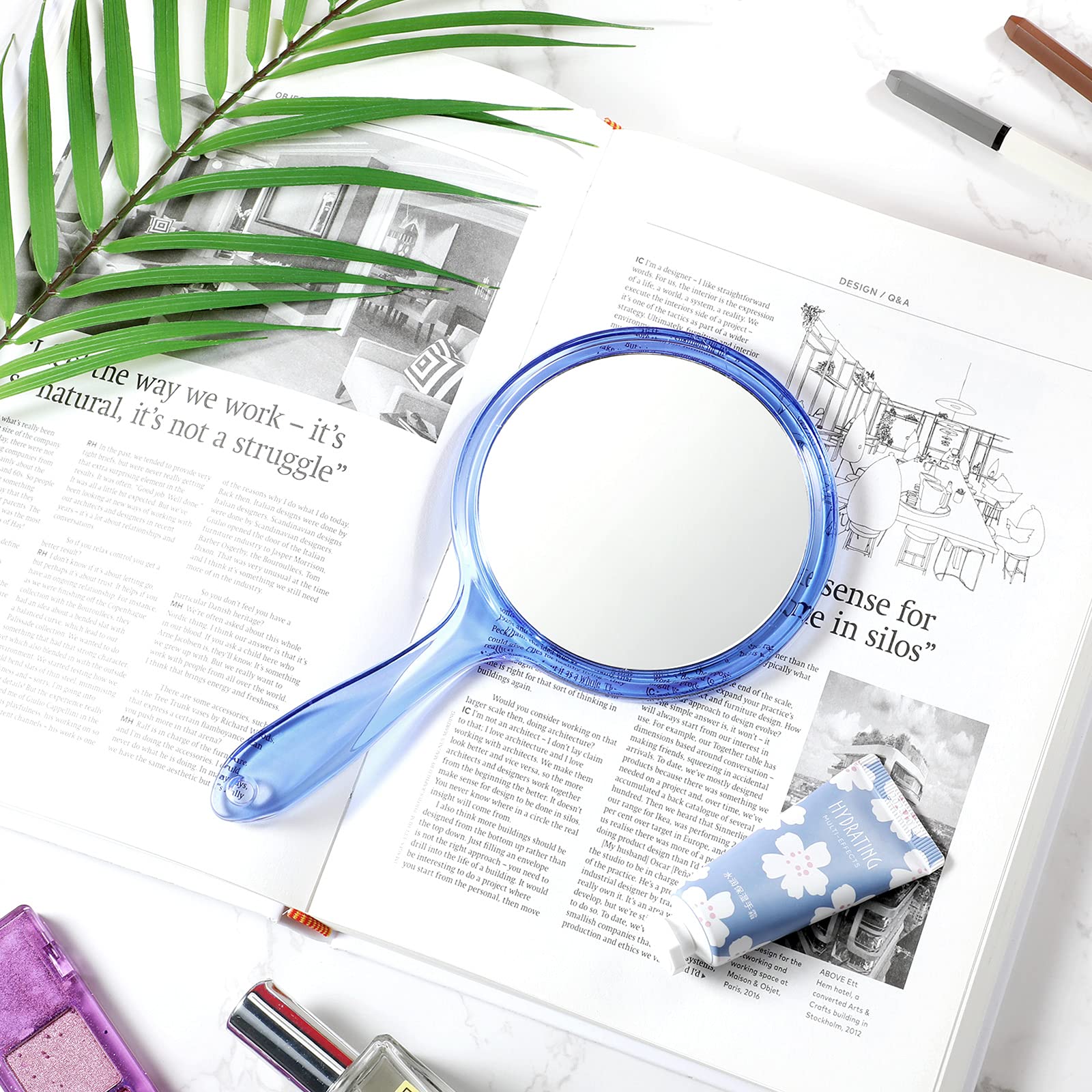 Jetec Double Sided Hand Mirror - 1X & 2X Magnifying Makeup Mirror with Ergonomic Handle, Rounded Shape (Blue) | Perfect for Travel, Home Vanity & Professional Makeup Artists