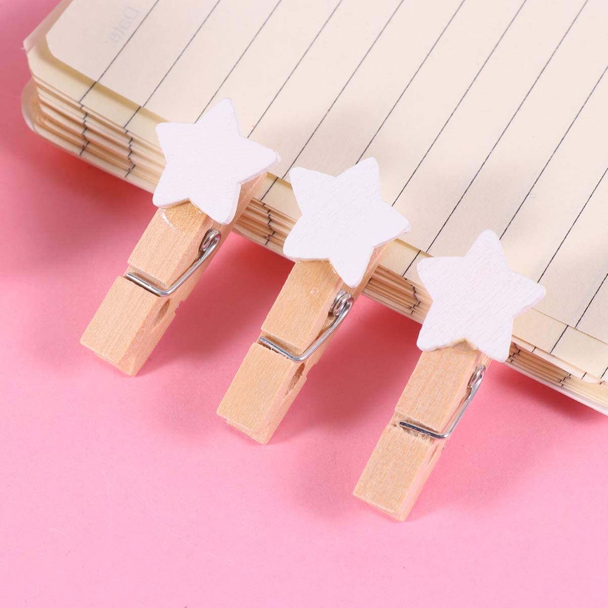 HEALLILY 100pcs Mini Wooden Star-Shaped Clothespins - Photo Hanging Clips, Picture Pegs, Craft Clips with Rope for Wall Decor, Scrapbooking, DIY Projects - White