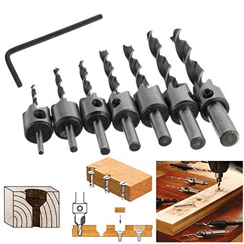 7-Piece HSS Countersink Drill Bit Set (3mm-10mm, 5 Flutes) - High Speed Steel Woodworking & Metalworking Chamfer Tools for Carpentry, DIY Projects & Industrial Use