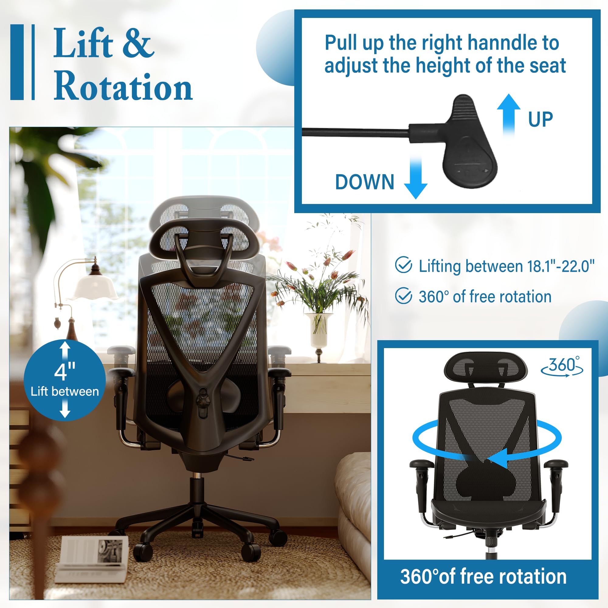 Ergonomic Office Chair - High Back Swivel Computer Gaming Desk Chair with Adjustable Armrests & Lumbar Support, Breathable Mesh Backrest, 3-Gear Tilt - Perfect for Home Office, Gaming Setup & Workspace Comfort