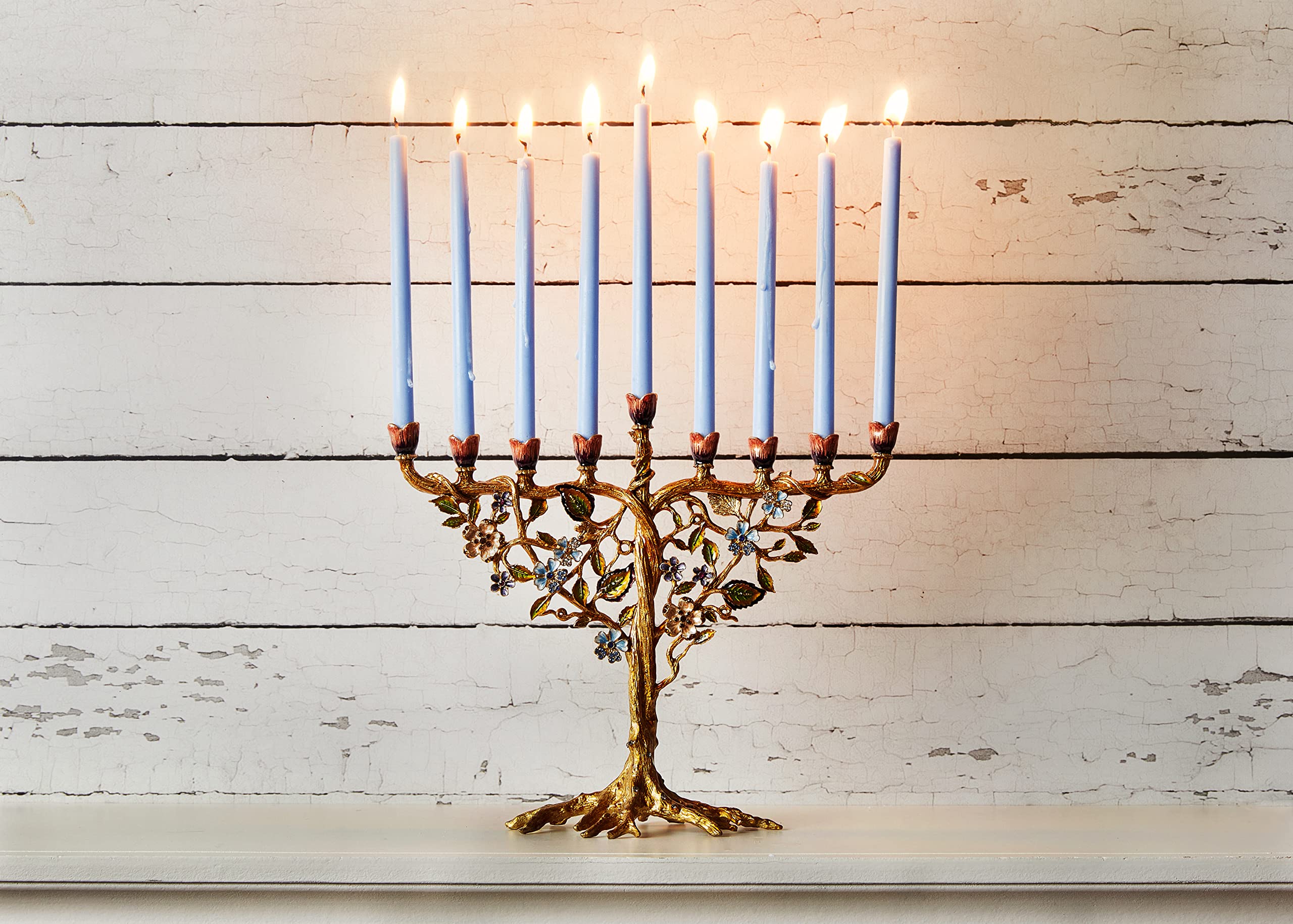 Hand Painted Jewish Menorah Candle Holder - Metal Hanukkah Candelabra with Crystal Embellishments & Floral Vine Design, Fits 9mm (5/16