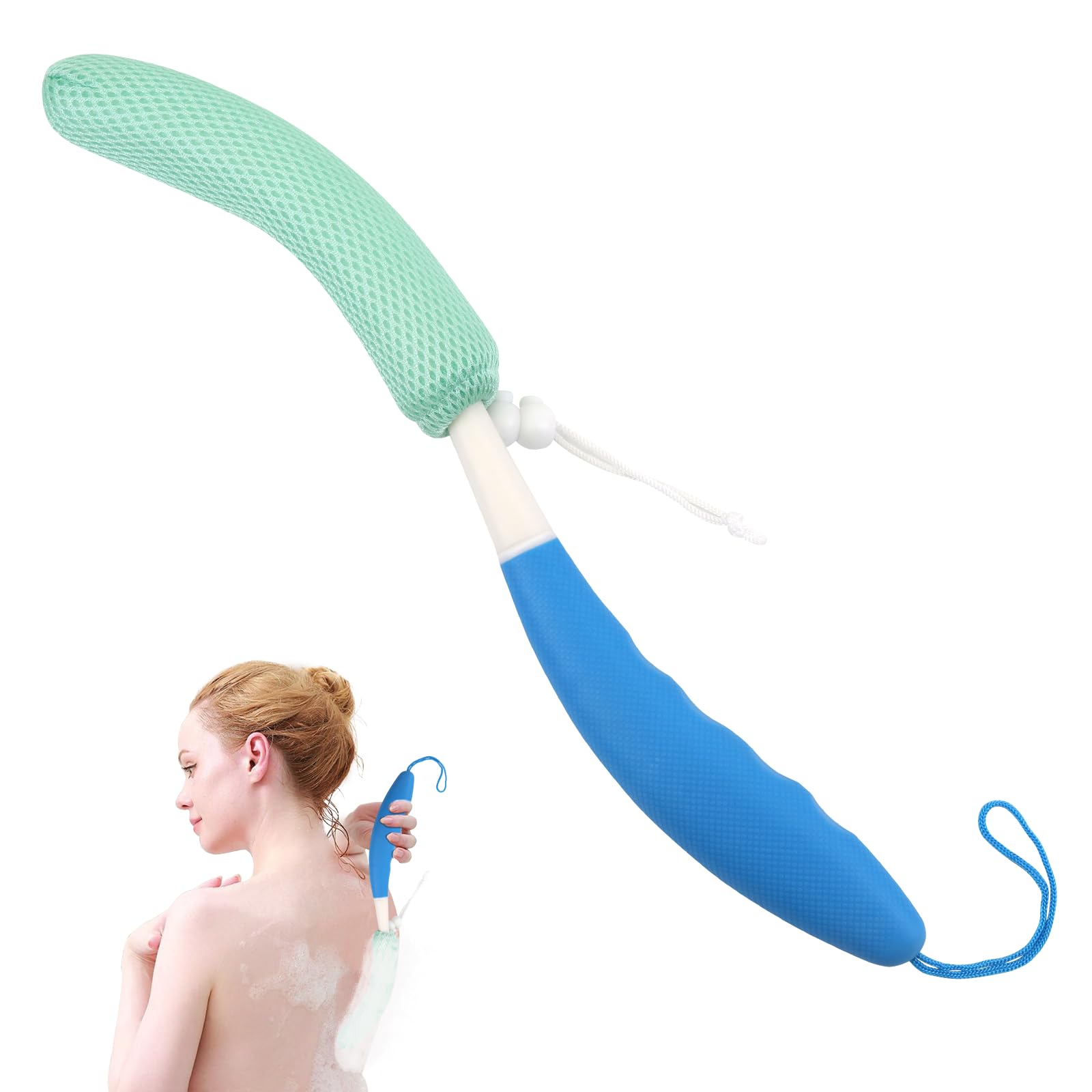 KkaFFe Long Handle Back Scrubber with Mesh Sponge - Exfoliating Shower Brush for Deep Cleaning & Skin Renewal | Perfect for Hard-to-Reach Areas, Bath & Body Care (Blue-Green)