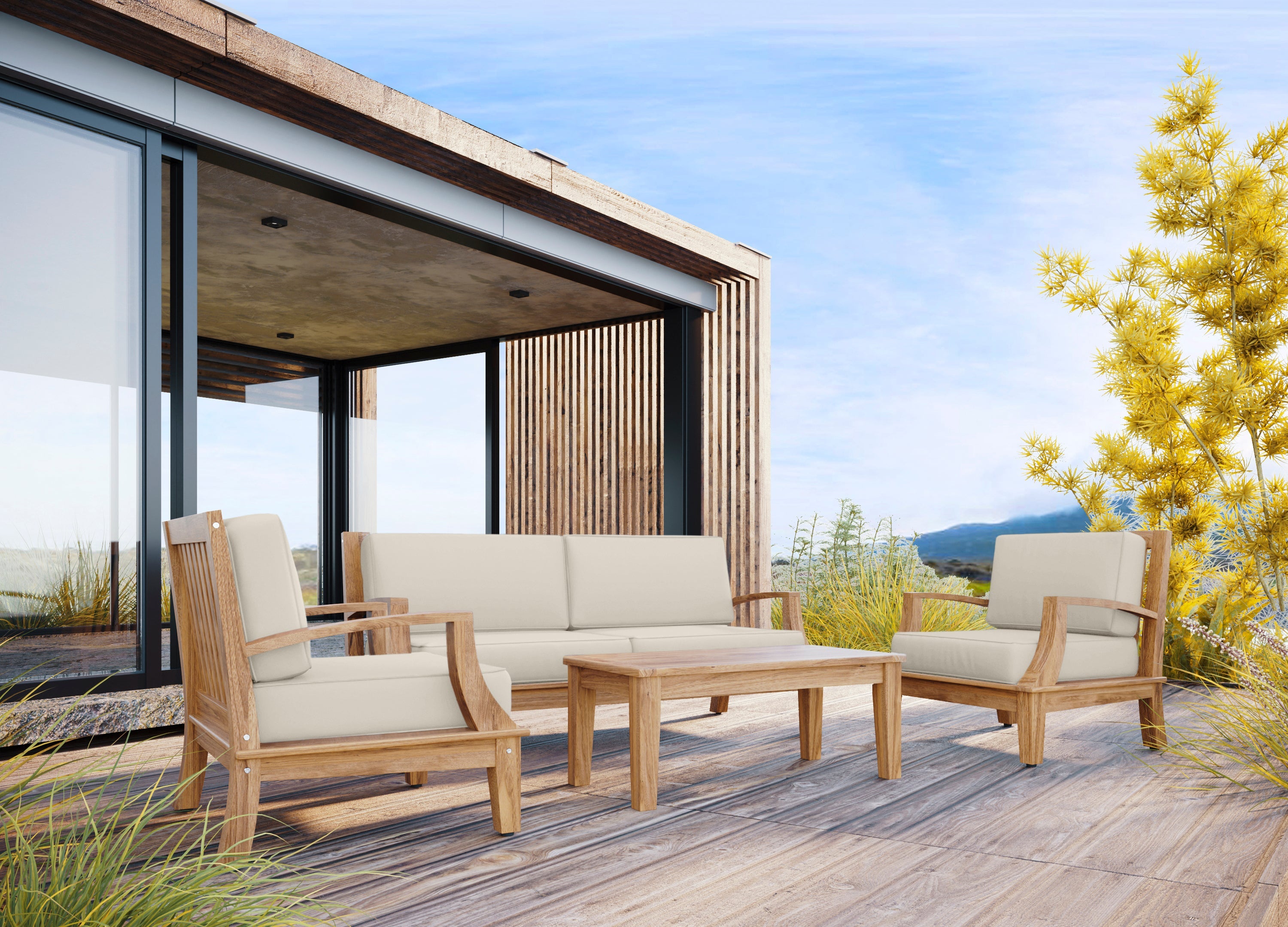 Eliane 3-Person Teak Outdoor Sofa with Sunbrella Canvas Cushion - Waterproof & Durable Patio Furniture for Garden, Poolside, and Backyard Relaxation