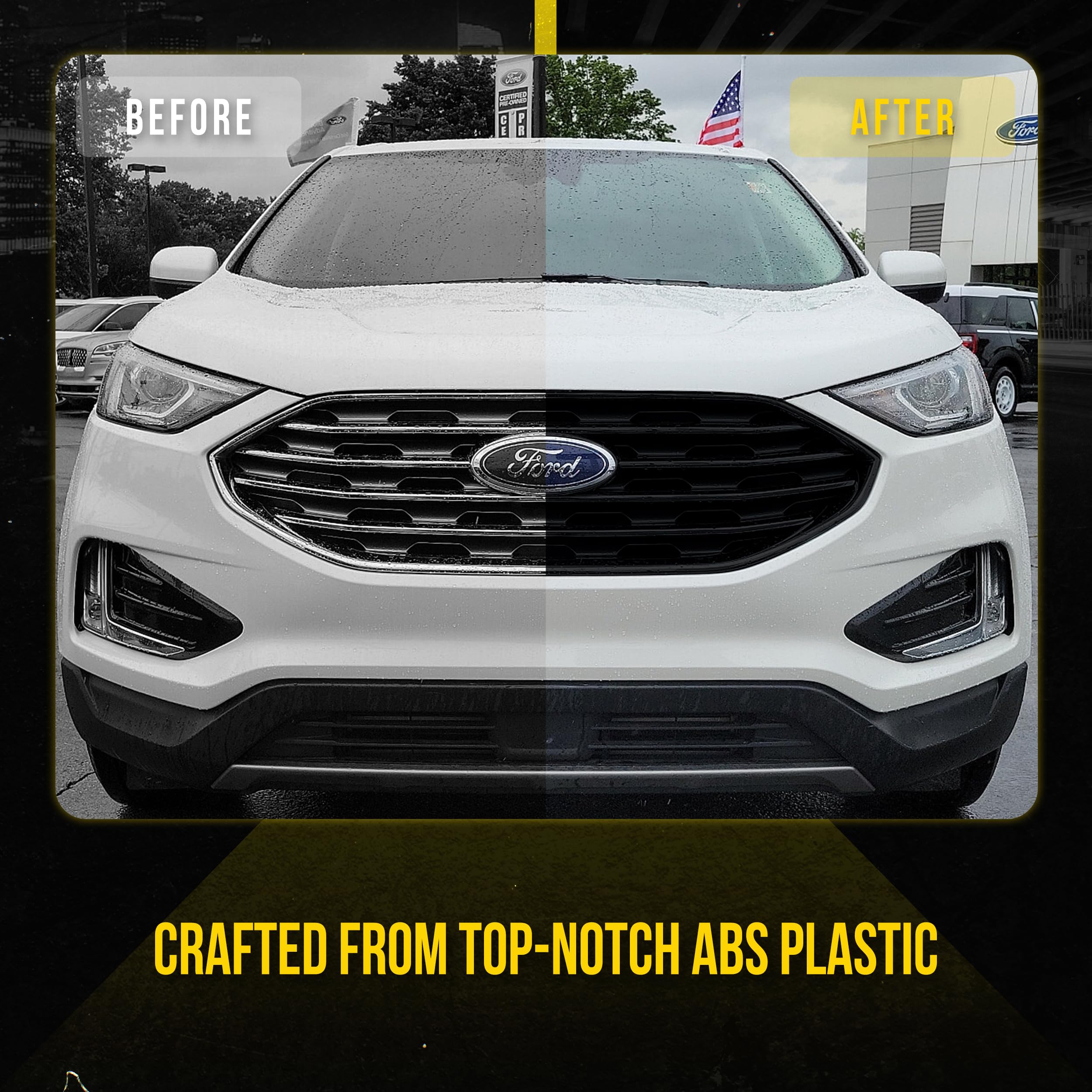 Black Chrome Delete Front Grille Overlay for 2019-2022 Ford Edge SE & SEL (No Camera) | Easy No-Tool Installation with Secure Adhesive Tape | US Patented | Upgrade Your Ride's Style for Daily Commute & Car Shows