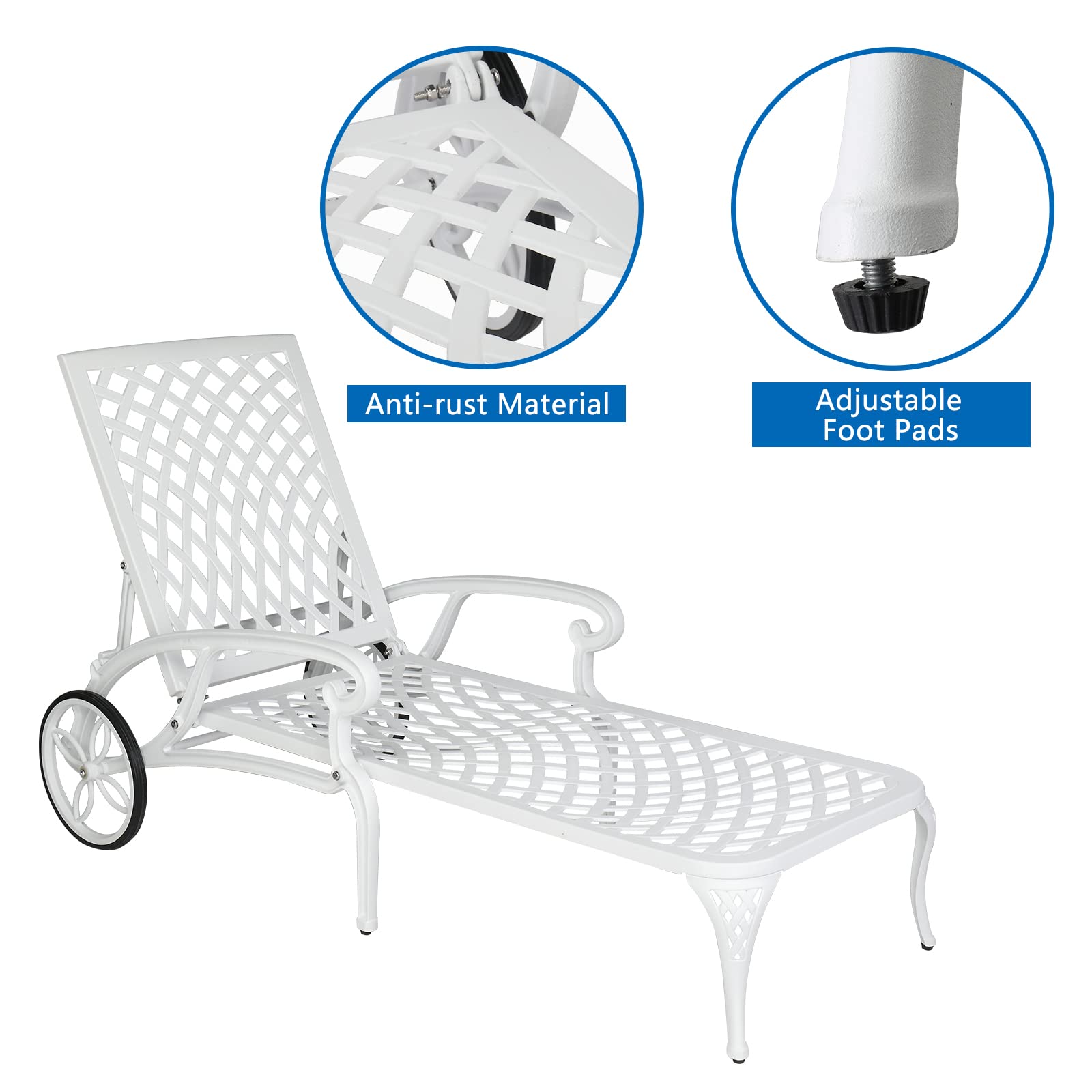 VINGLI White Cast Aluminum Outdoor Chaise Lounge Chair with Wheels - 3-Position Adjustable Backrest, Patio Tanning Chair for Poolside, Beach & Backyard Relaxation (Cushion Not Included)