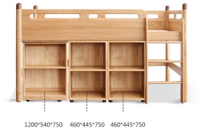 Solid Oak Wood Mid-High Bed with Slanted Ladder - Sturdy Adult Loft Bed for Small Spaces, Dorm Rooms & Modern Apartments