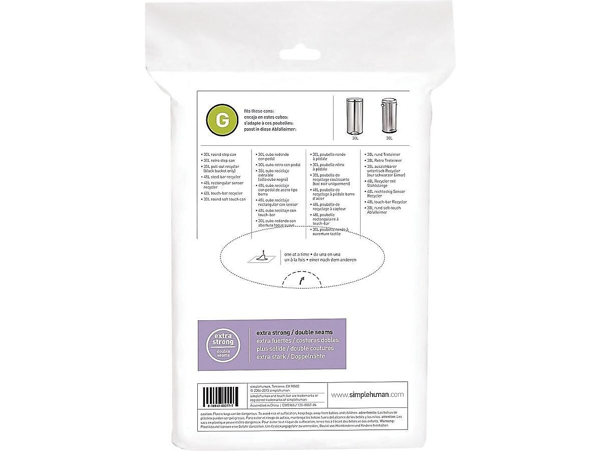 simplehuman Code G Custom Fit Drawstring Trash Bags - 30 Liter/8 Gallon, 240 Count (12 Refill Packs) - Perfect for Kitchen, Bathroom & Office Waste Bins