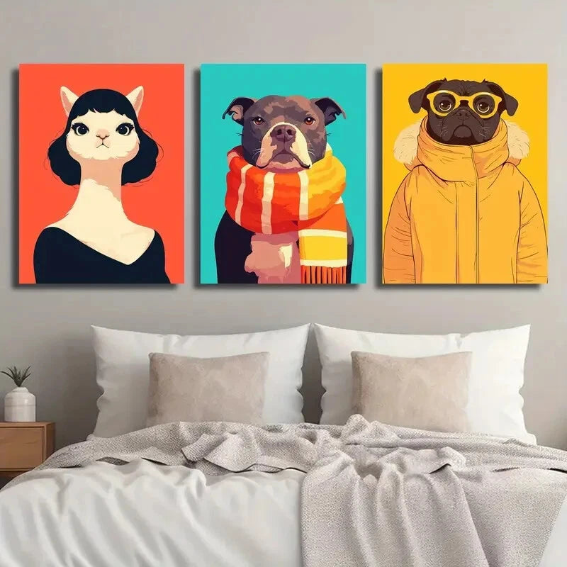 3-Piece Abstract Cartoon Animal Wall Art - Cats & Dogs Metal Prints Ready to Hang | Modern Home Decor for Living Room, Bedroom & Nursery