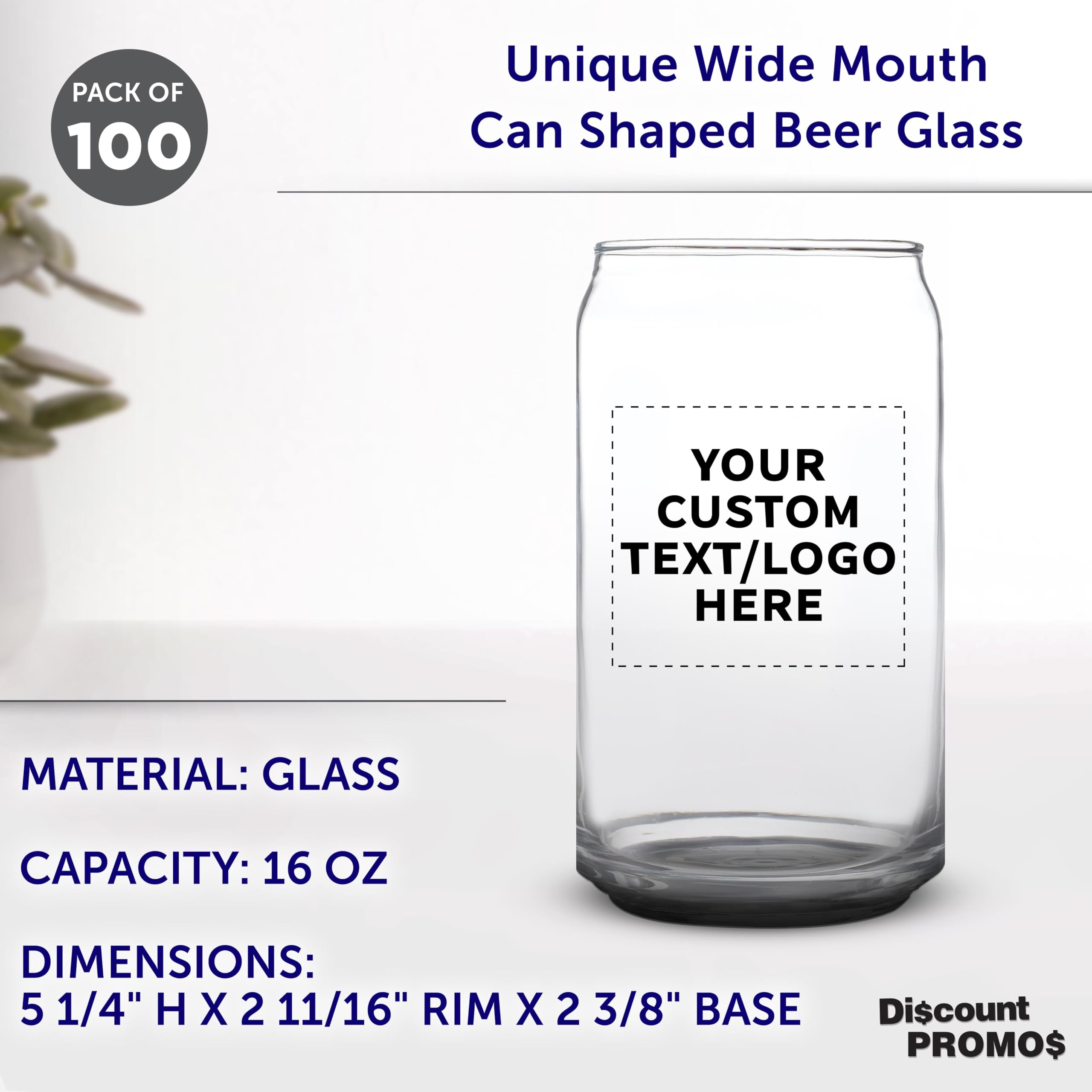 Custom Beer Can Glasses Set of 100 - 16 oz Pint Sized Glassware with Promotional Text & Logo - Soda Can Shape Barware for Parties, Restaurants, and Promotional Events