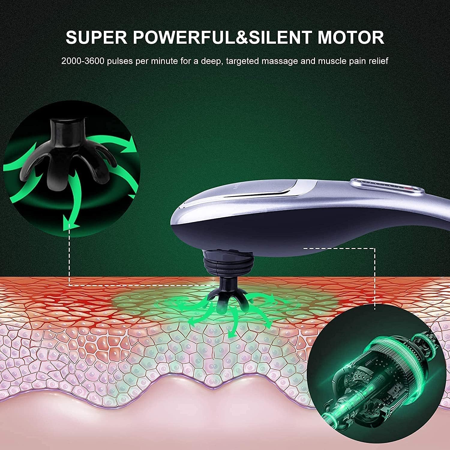 MEGAWISE Cordless Handheld Deep Tissue Percussion Massager for Back, Neck, Shoulders, Waist & Leg Pain Relief - Portable Muscle Massage Gun for Athletes, Office Workers & Home Use (Silver)