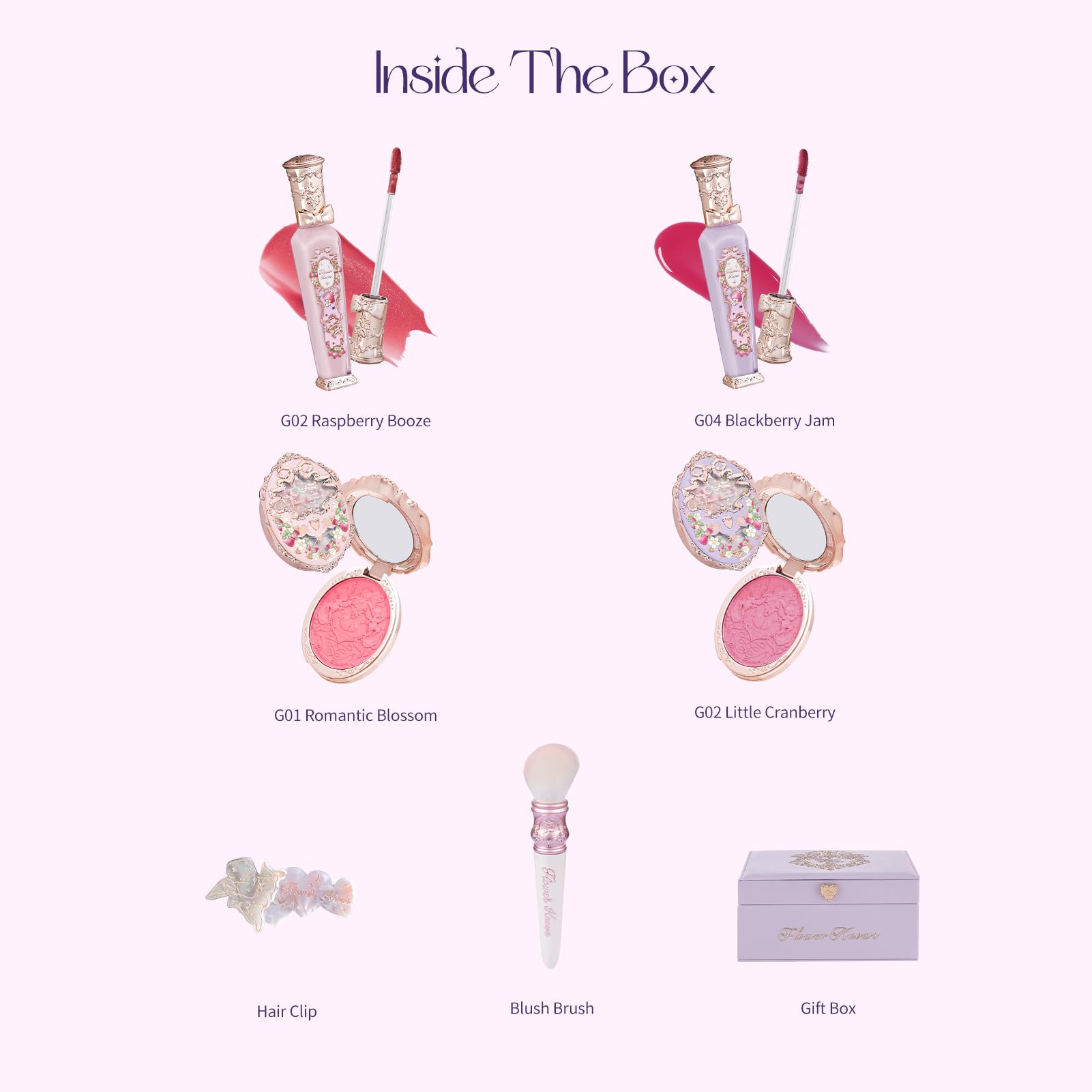 Flower Knows Violet Strawberry Rococo Makeup Set - 7 Piece Cosmetic Kit with Mirror, 2 Lip Glosses, 2 Blushes, Blush Brush, Hair Clip & Gift Box | Perfect for Travel, Birthday Gifts & Everyday Makeup