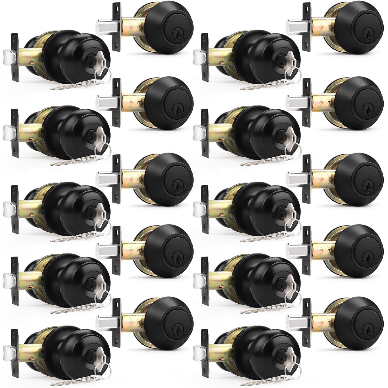 Probrico 10-Pack Matte Black Front Door Knob Sets with Single Cylinder Deadbolts - Keyed Alike for Home Security & Easy Access - Perfect for Apartments, Houses & Office Buildings
